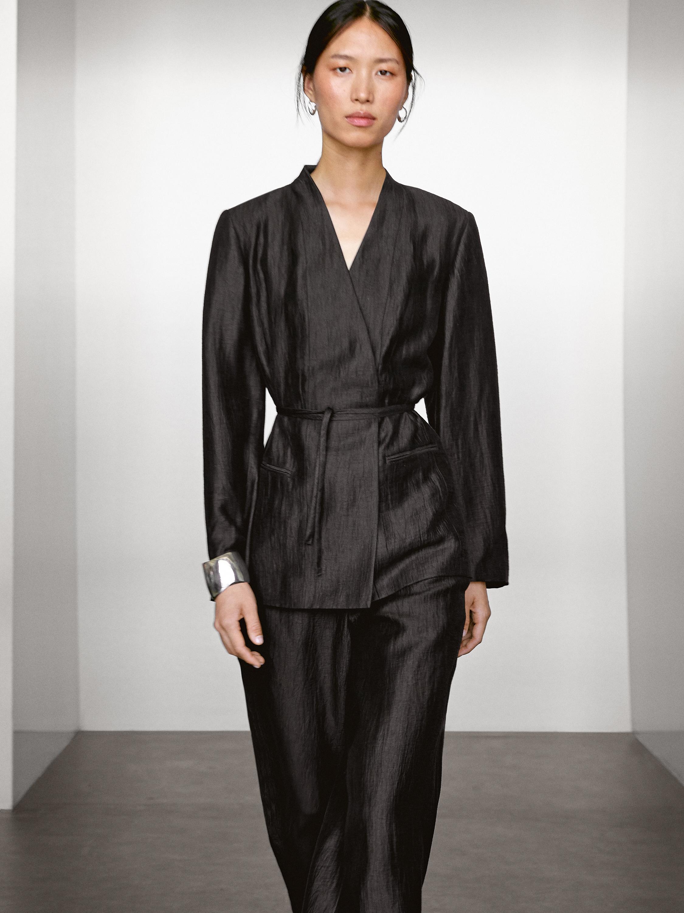 Linen blend palazzo trousers with darts · Black · Dressy Massimo Dutti