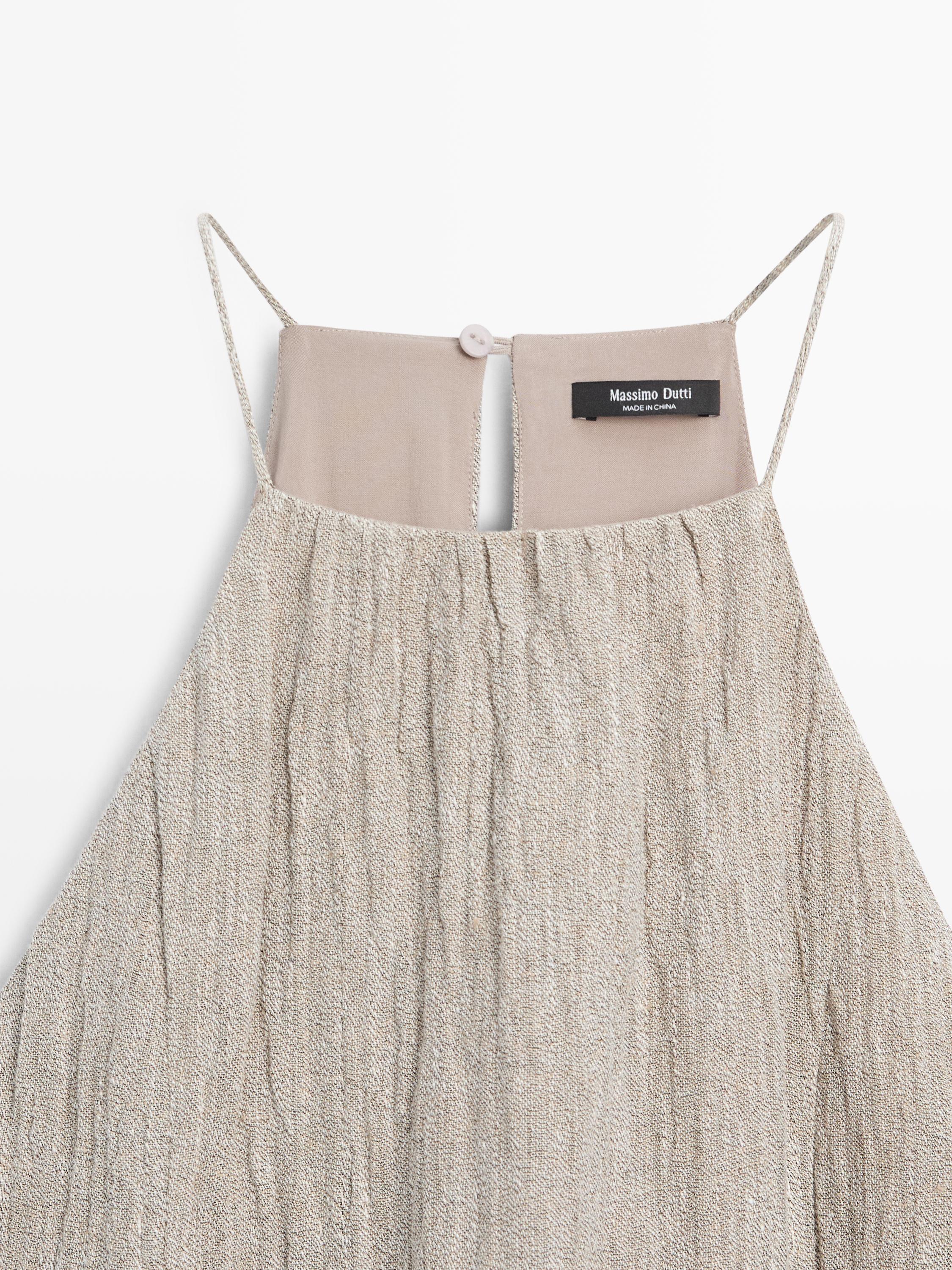 Flowing linen blend dress with gathered neckline — GREY