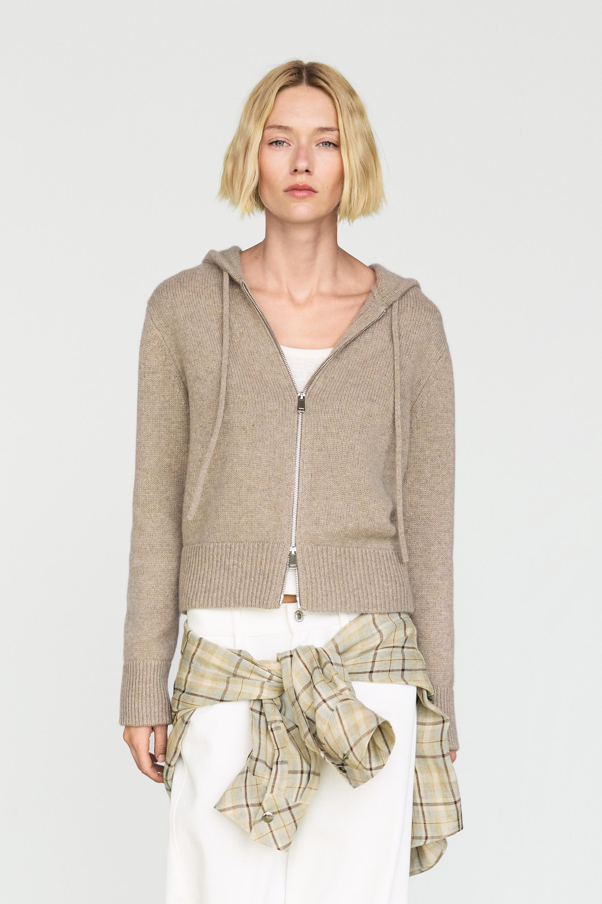 100% cashmere hooded zip-up cardigan — BEIGE