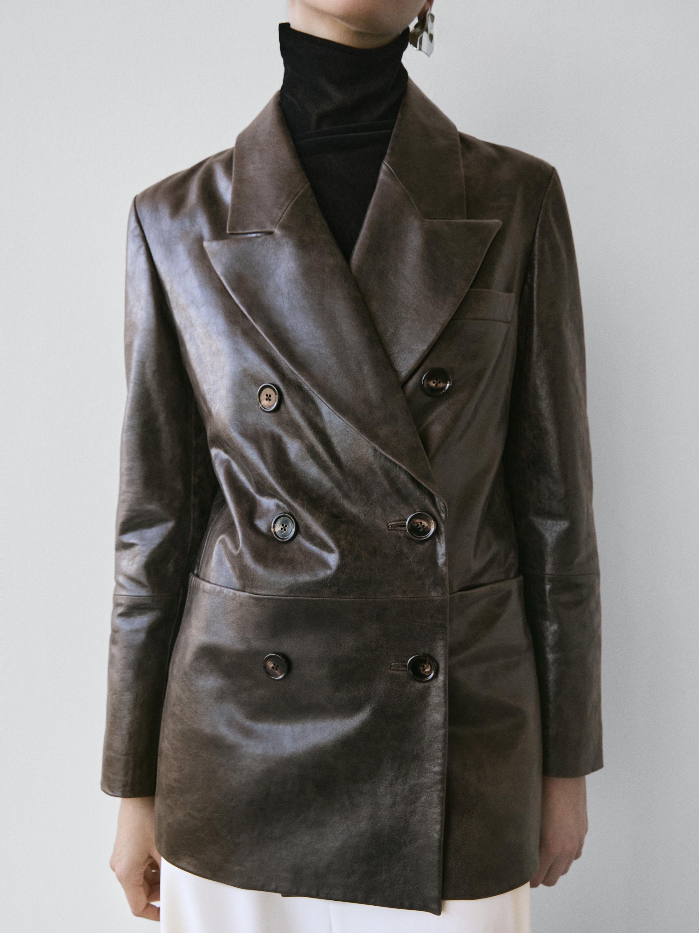 100% nappa leather buttoned blazer - STUDIO — BROWN