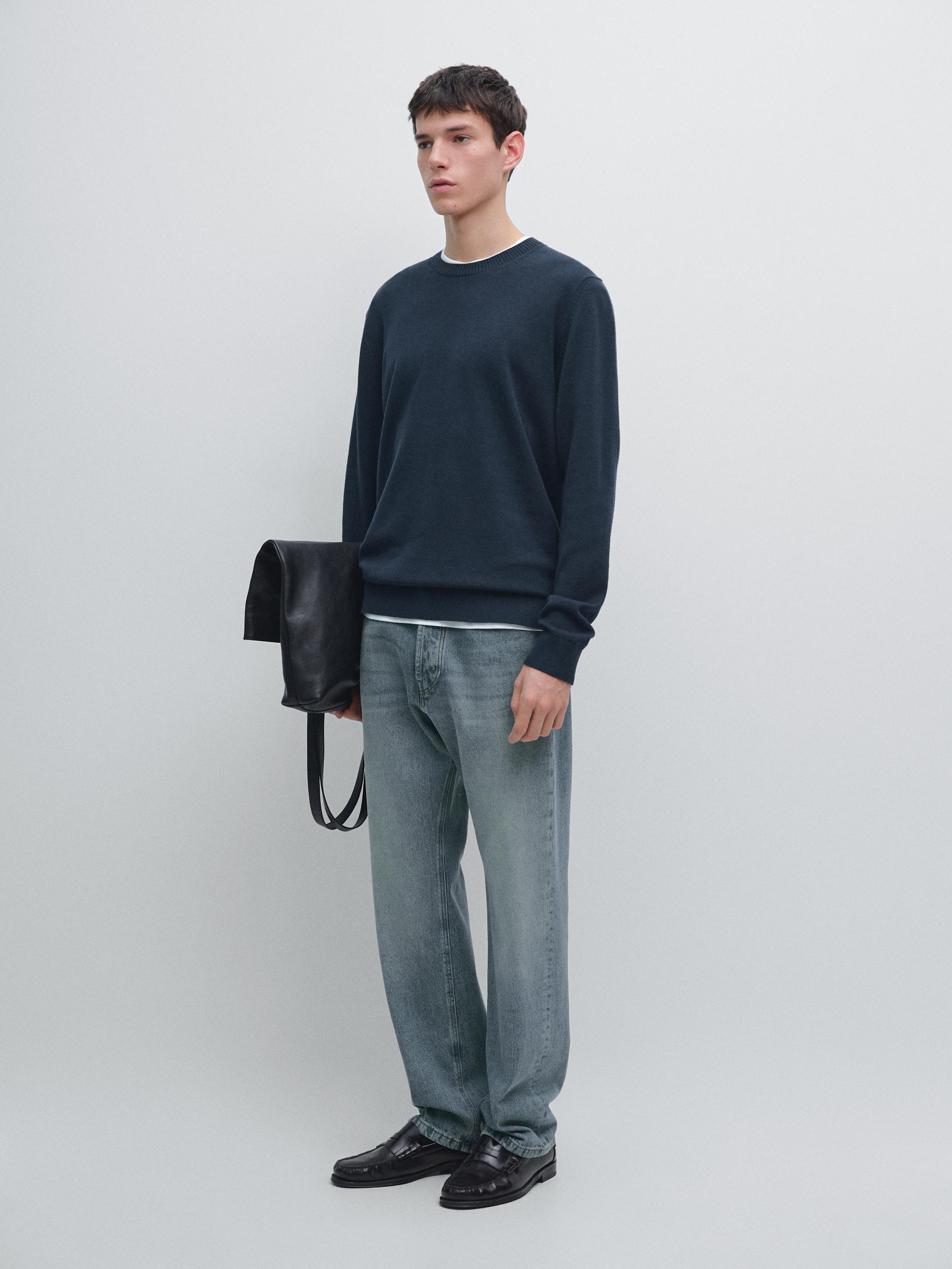 Knit cotton and wool sweater with crew neck — Dark blue