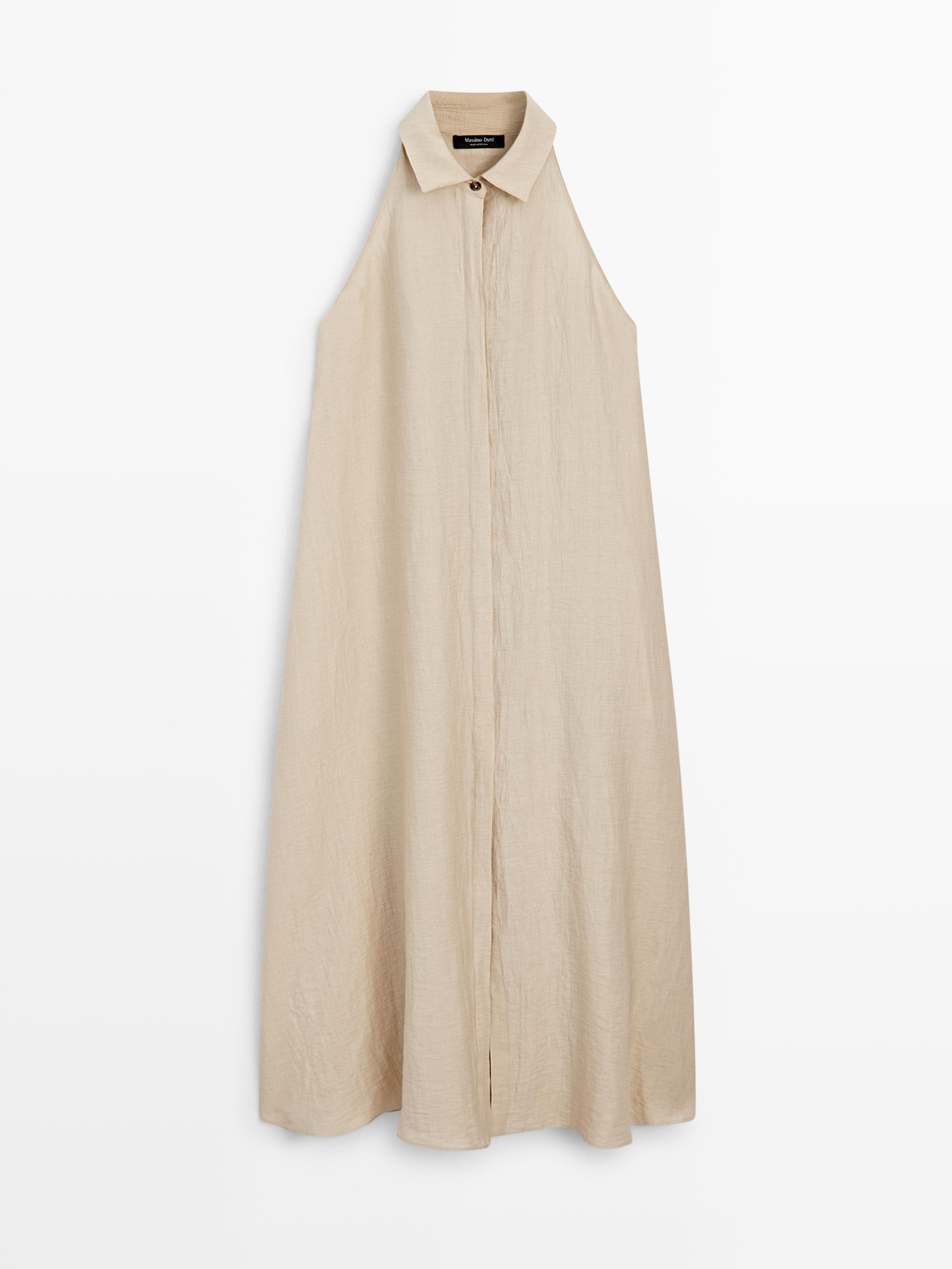 Linen blend polo collar midi dress