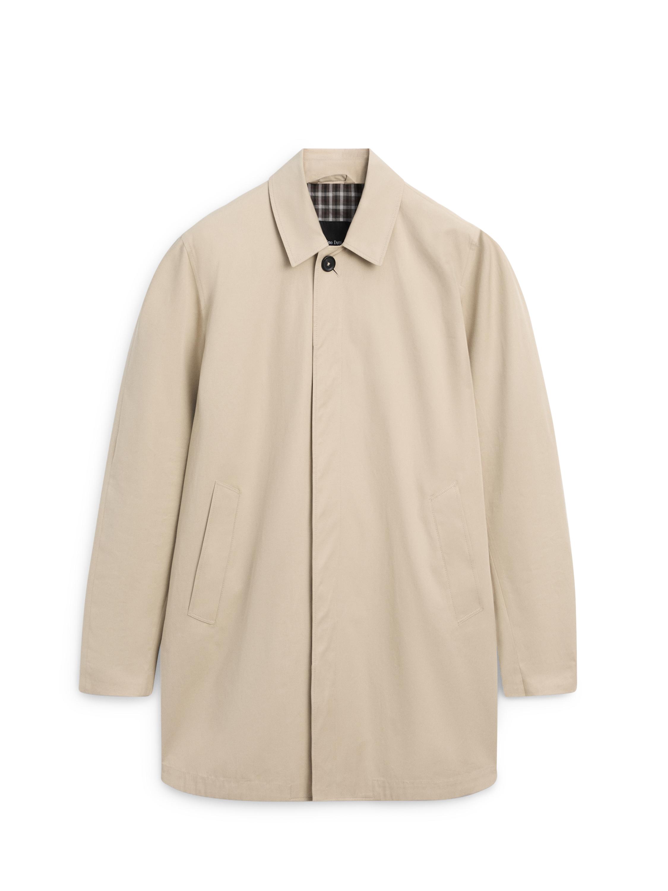 Check cotton trench coat with interior detail — BEIGE