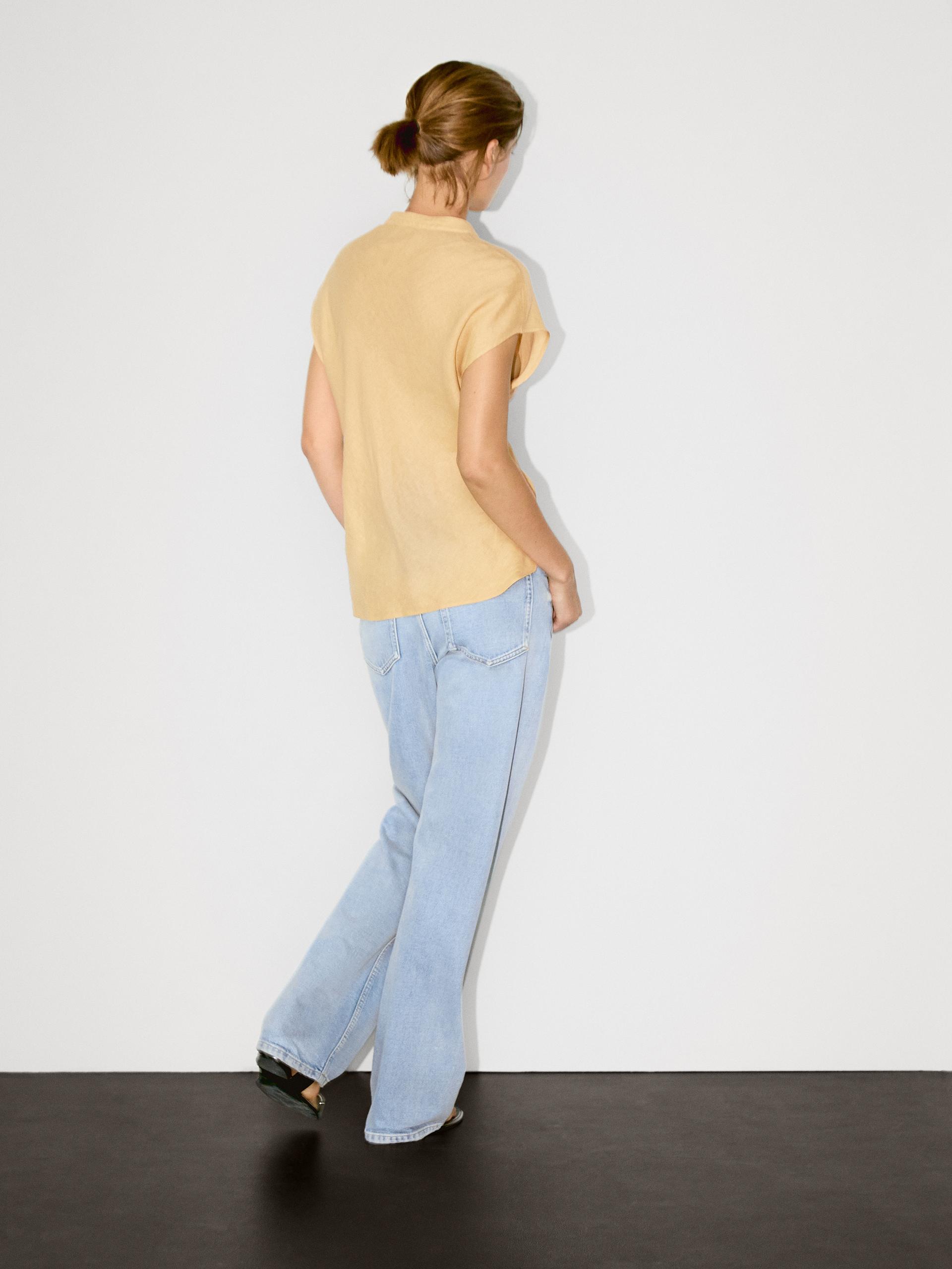 Massimo Dutti 100% Linen Flowing Blouse With Open Neck In Blue