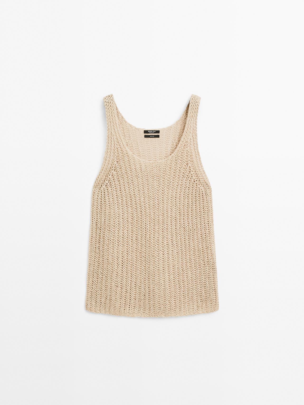 Massimo Dutti - Dame - Top I Strik Af Hør Med Rund Halsudskæring - Beige - Xs
