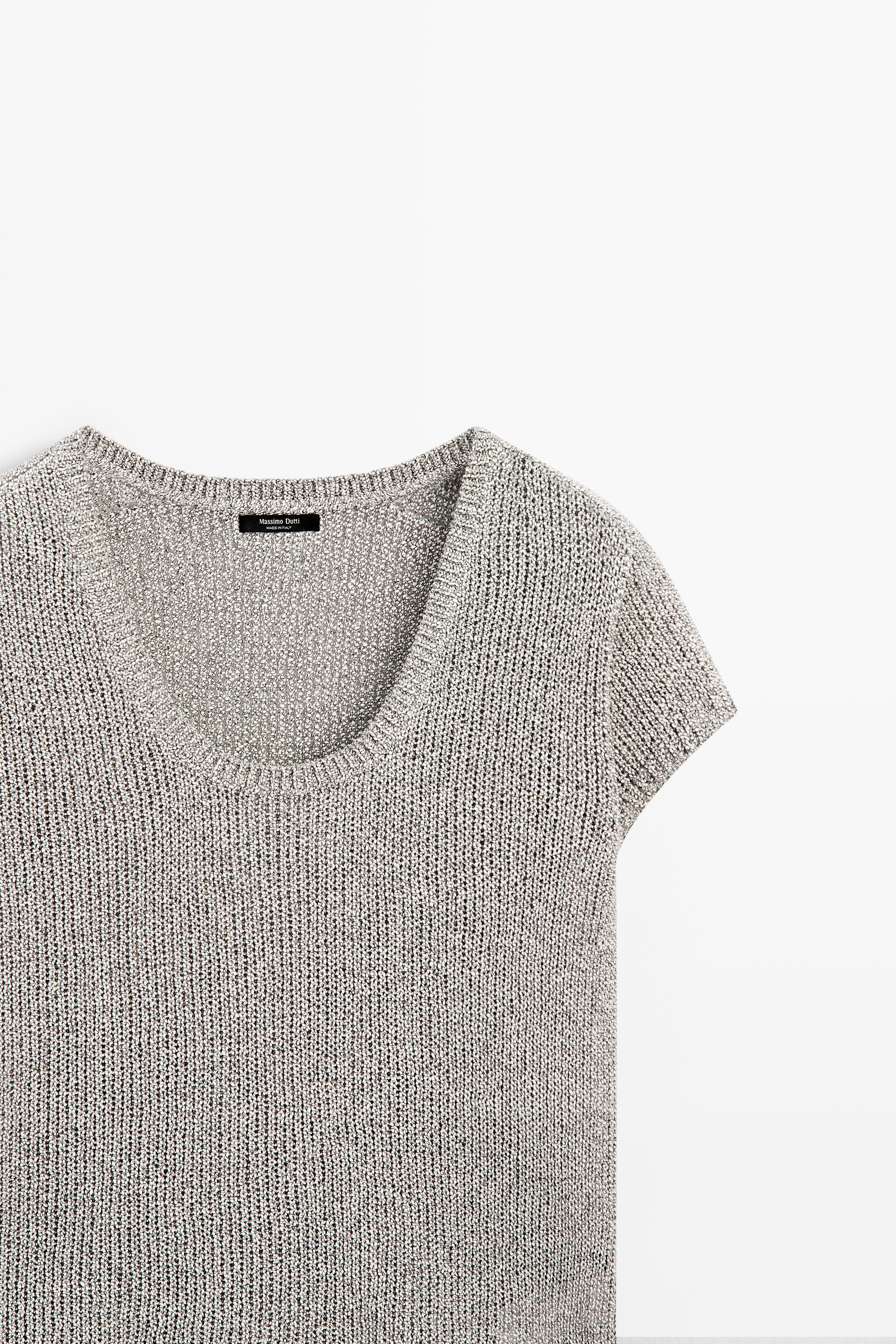 Short sleeve knit sweater with thread detail — PEARL GREY