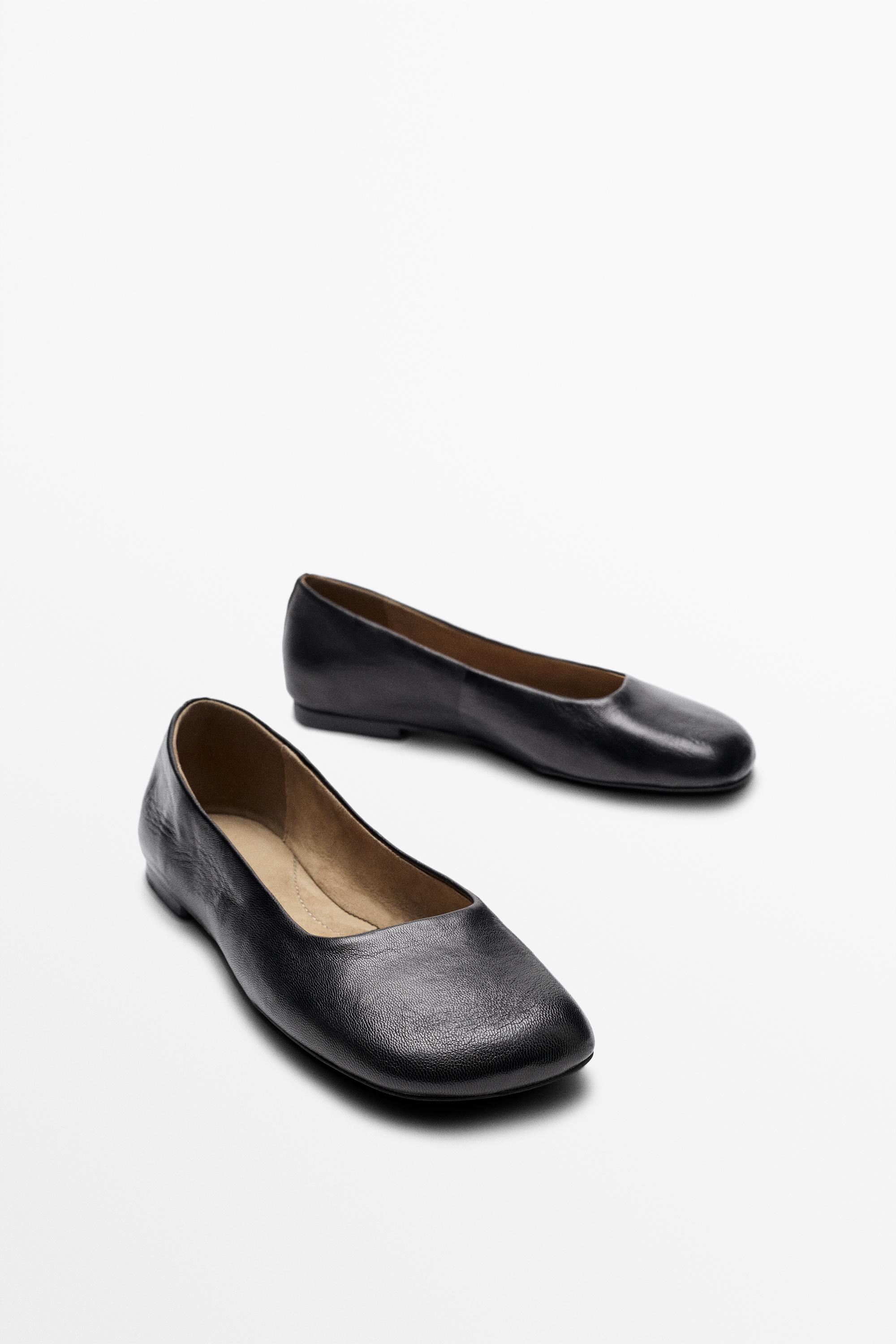 Square toe leather ballet flats — BLACK