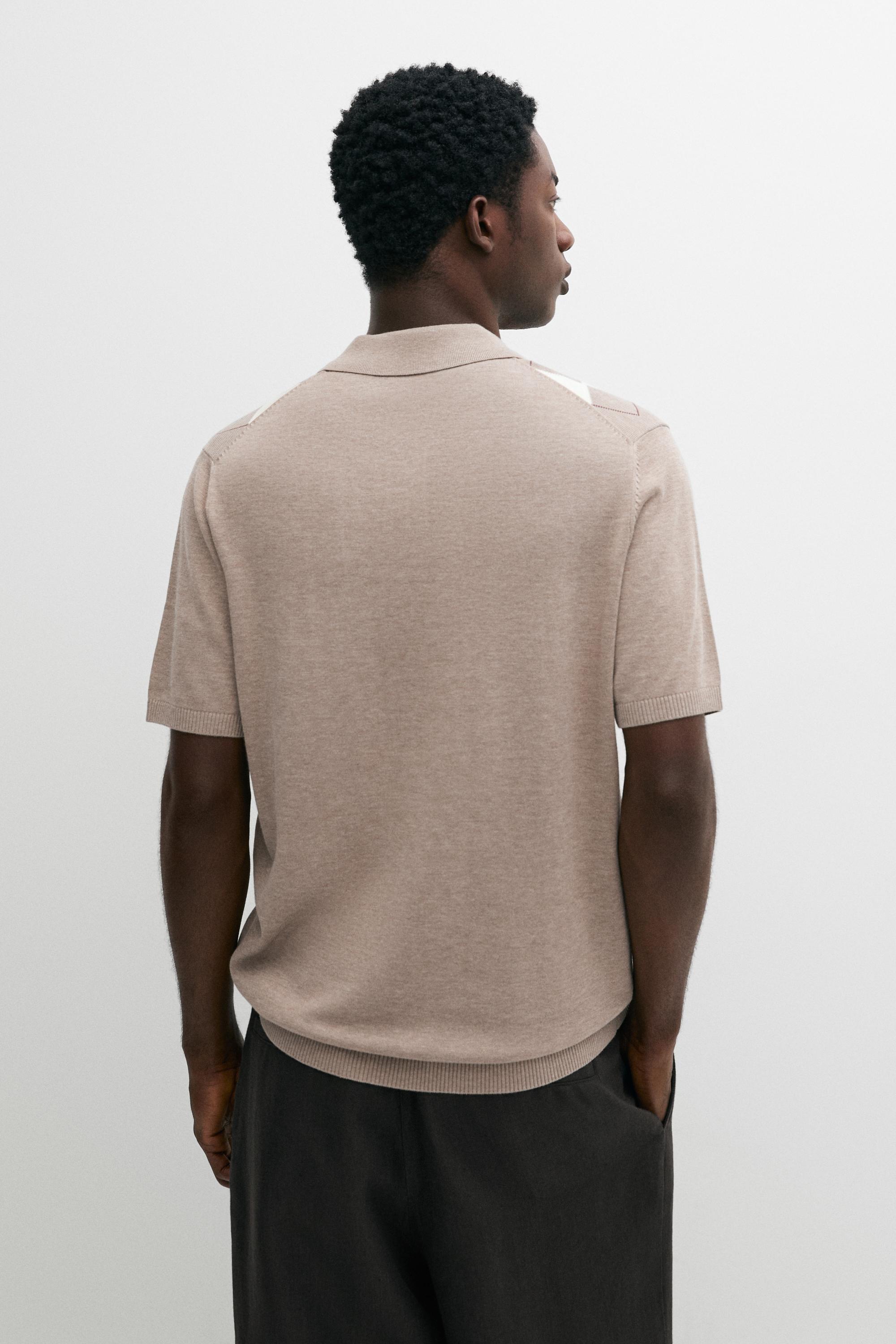 Cotton blend diamond pattern short sleeve polo shirt — BEIGE MARL