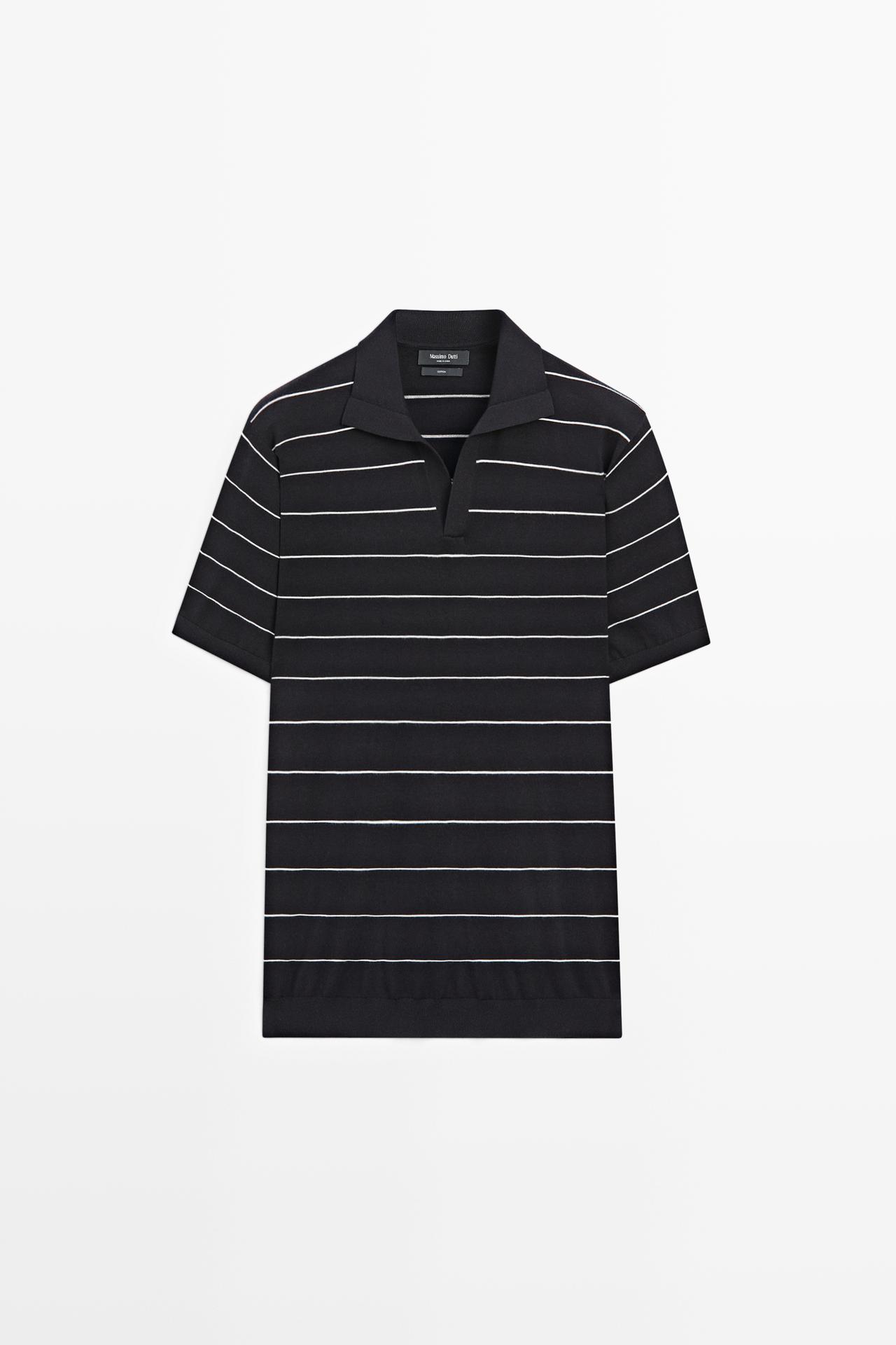 100% cotton striped knit polo sweater — NAVY BLUE