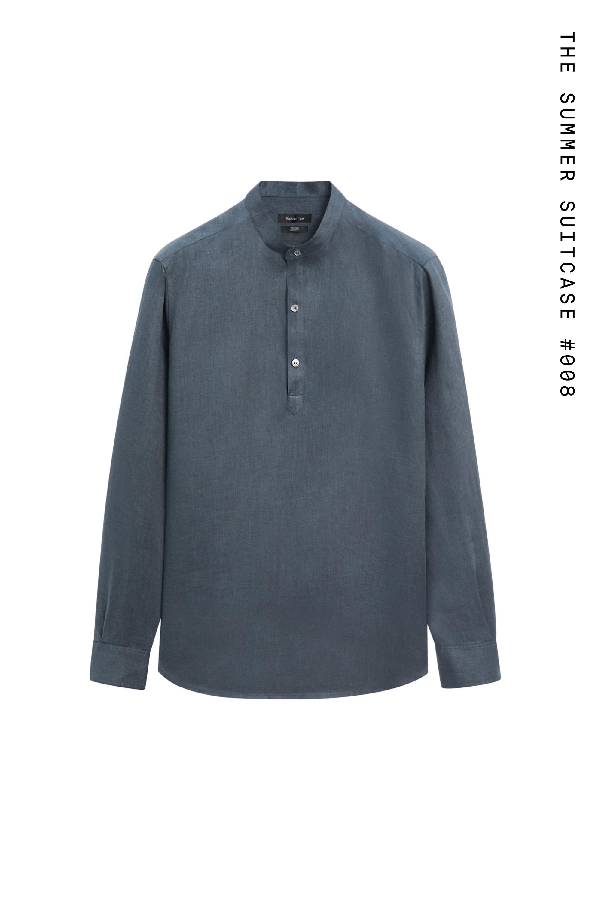 Regular fit stand collar 100% linen shirt — PETROLEUM