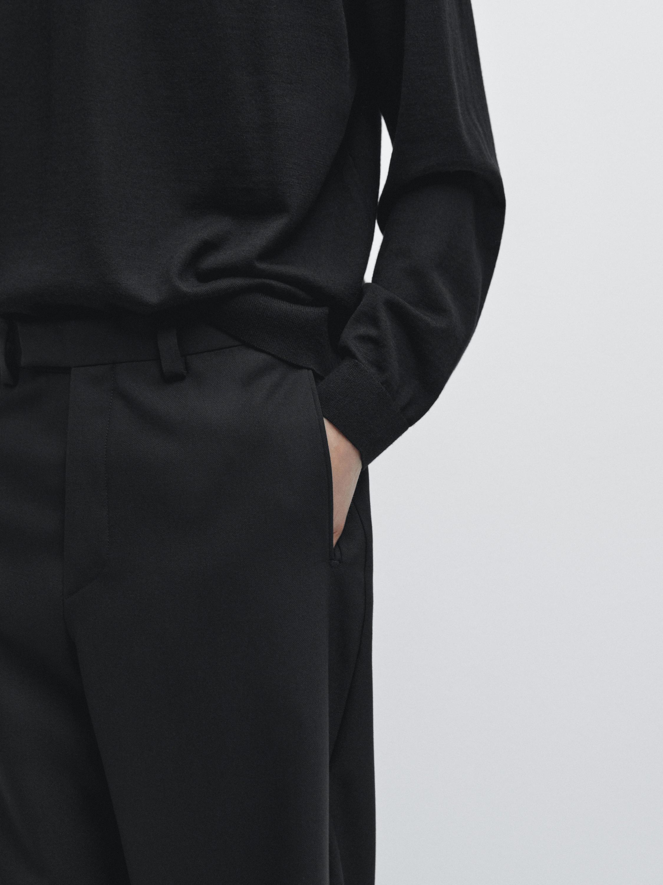 Tailored three-ply wool barrel fit trousers — BLACK