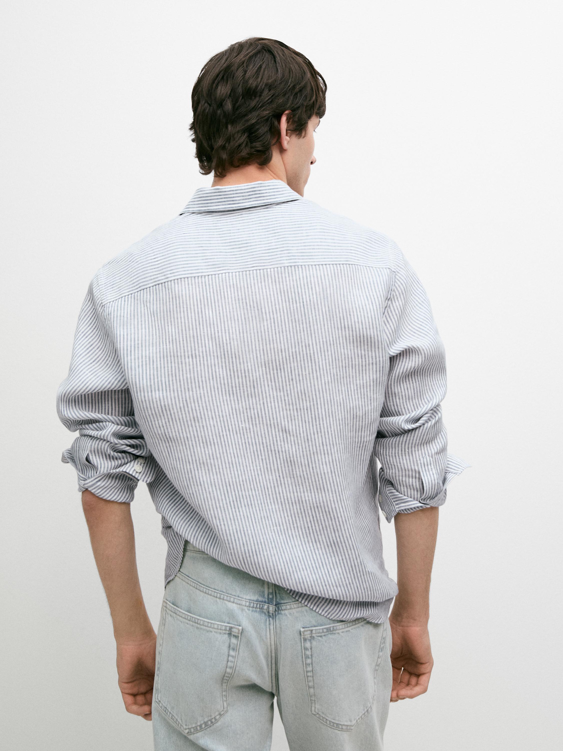 Striped slim fit linen shirt — BLUE