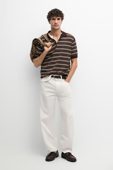 100% Cotton Striped Knit Polo Sweater — BURGUNDY 1