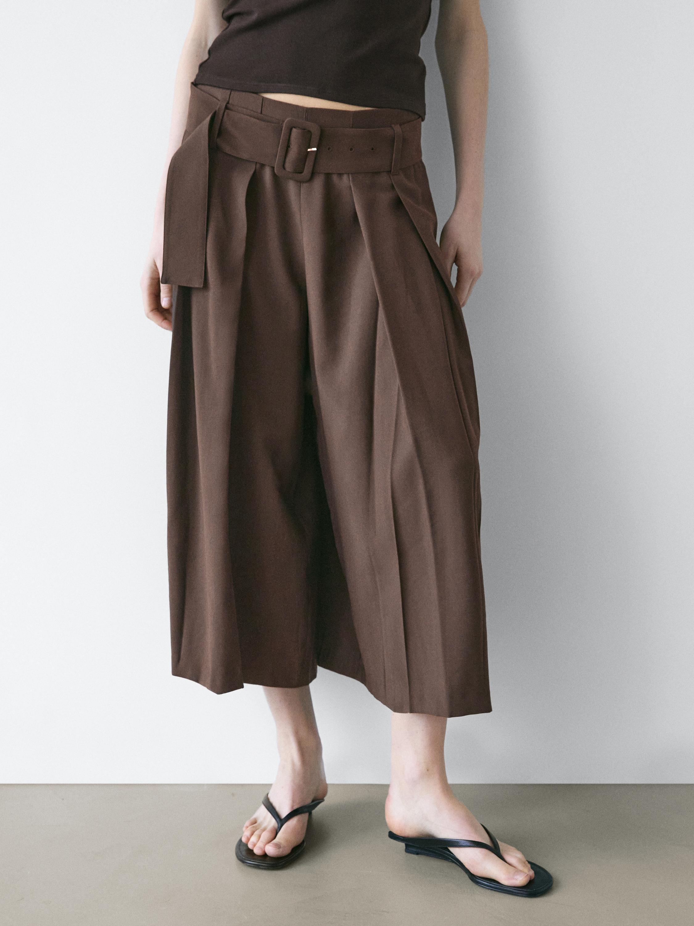 Pleated midi skort — BROWN