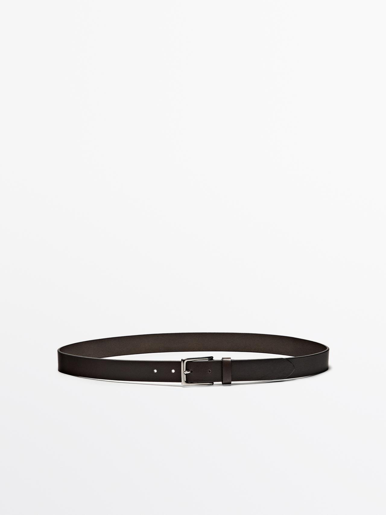Massimo Dutti - Herre - Læderbælte Med Rektangulært Spænde - Brun - 100
