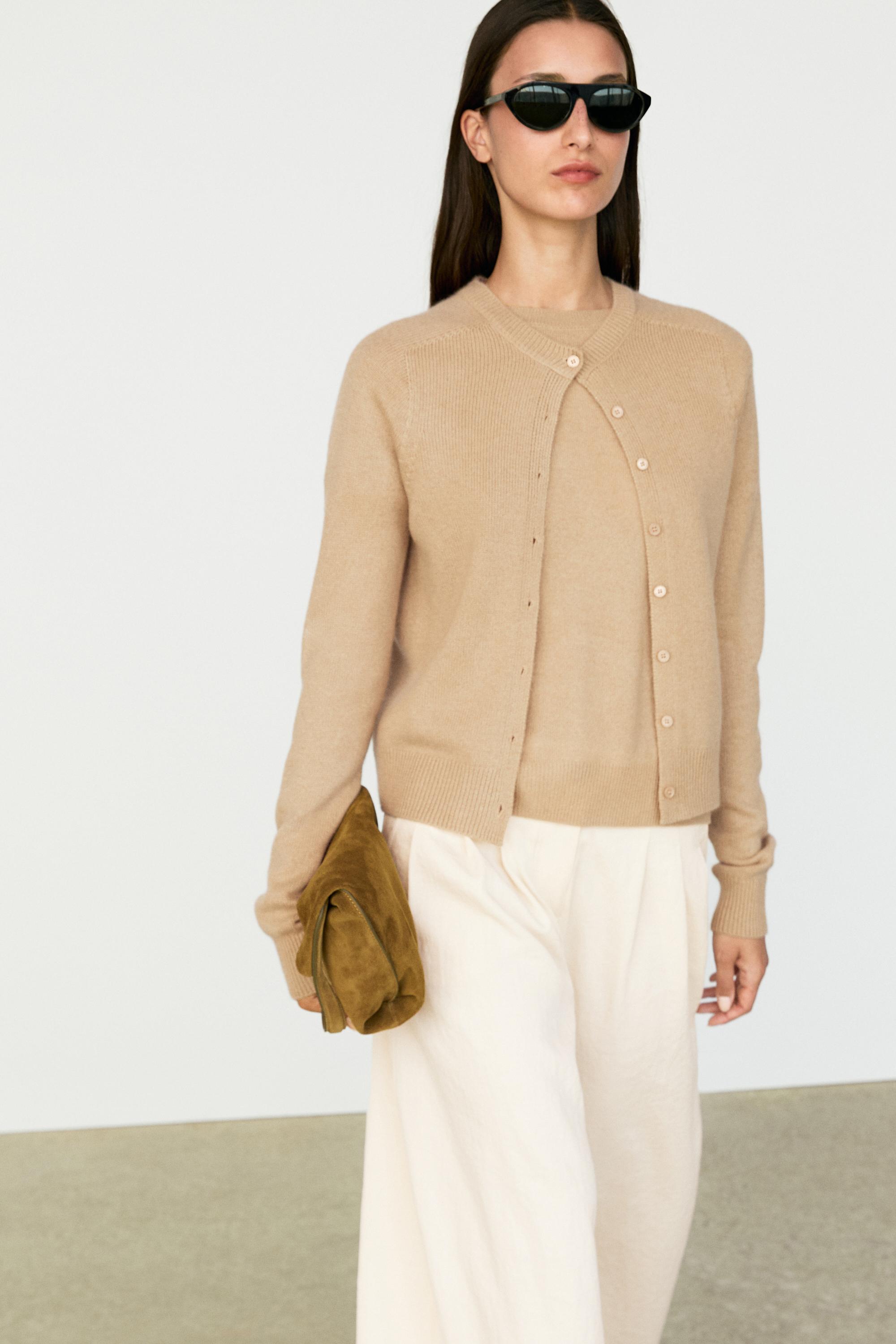 100% cashmere short sleeve knit sweater — CAMEL