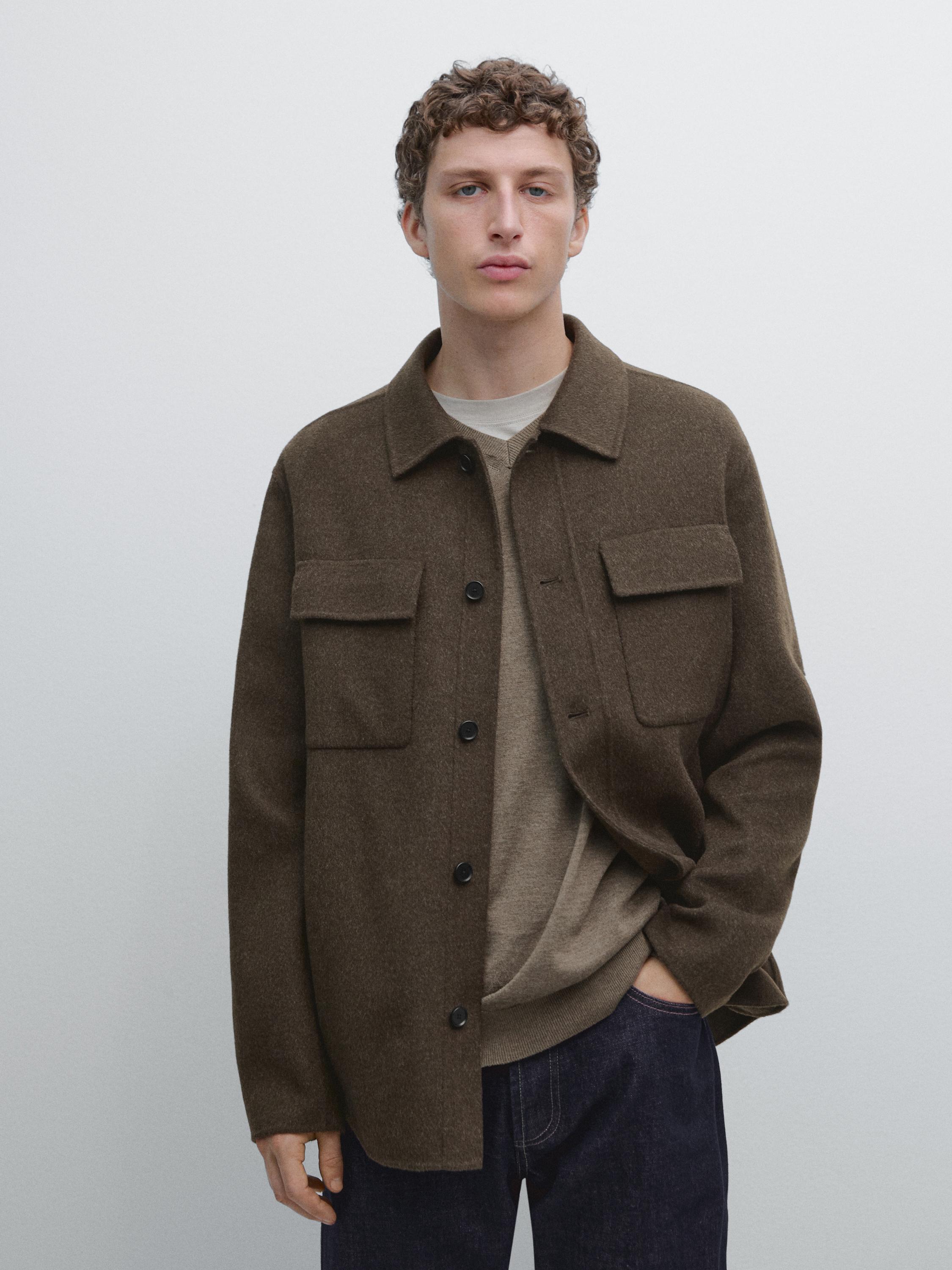 Wool blend overshirt with pockets — KHAKI