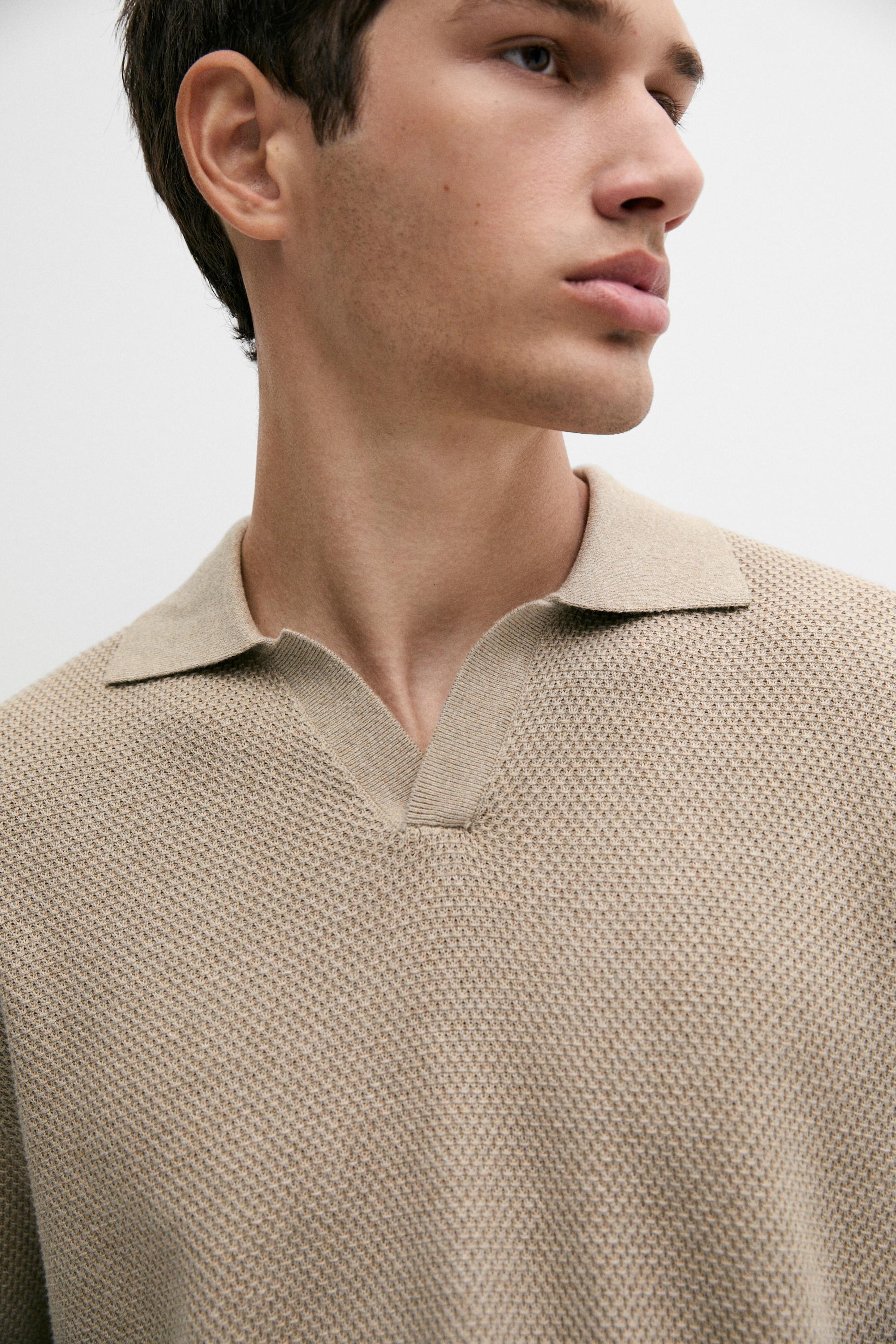 Cotton blend knit V-neck polo shirt — Washed