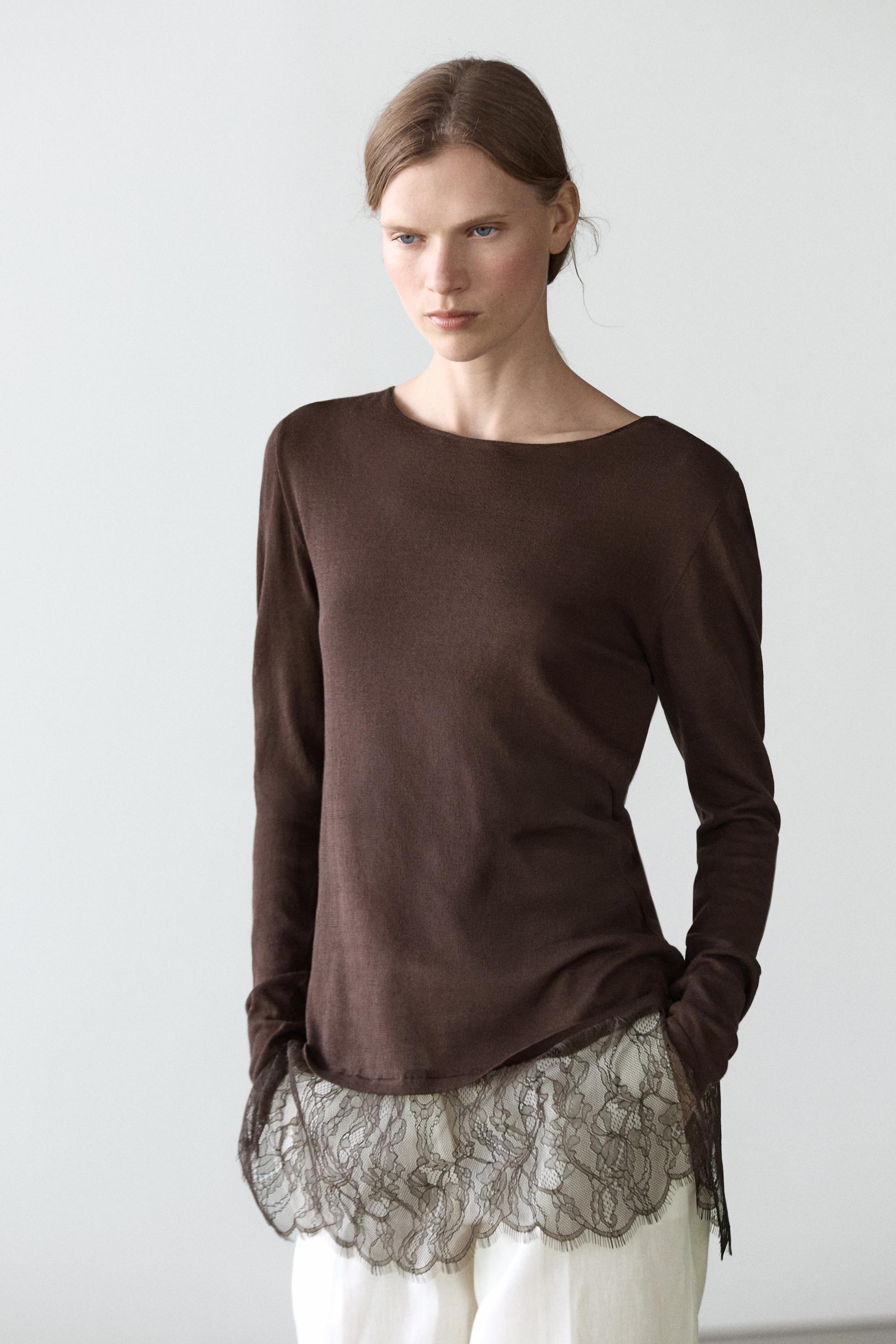 Long sleeve T-shirt with lace detail — BROWN