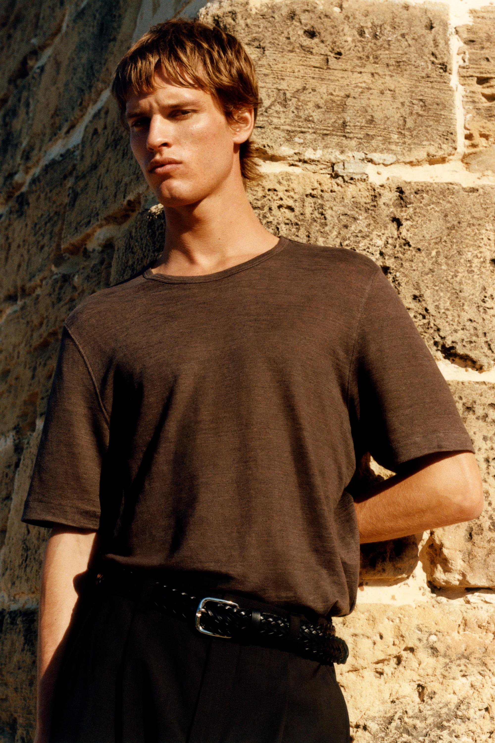 100% linen short sleeve T-shirt — BROWN