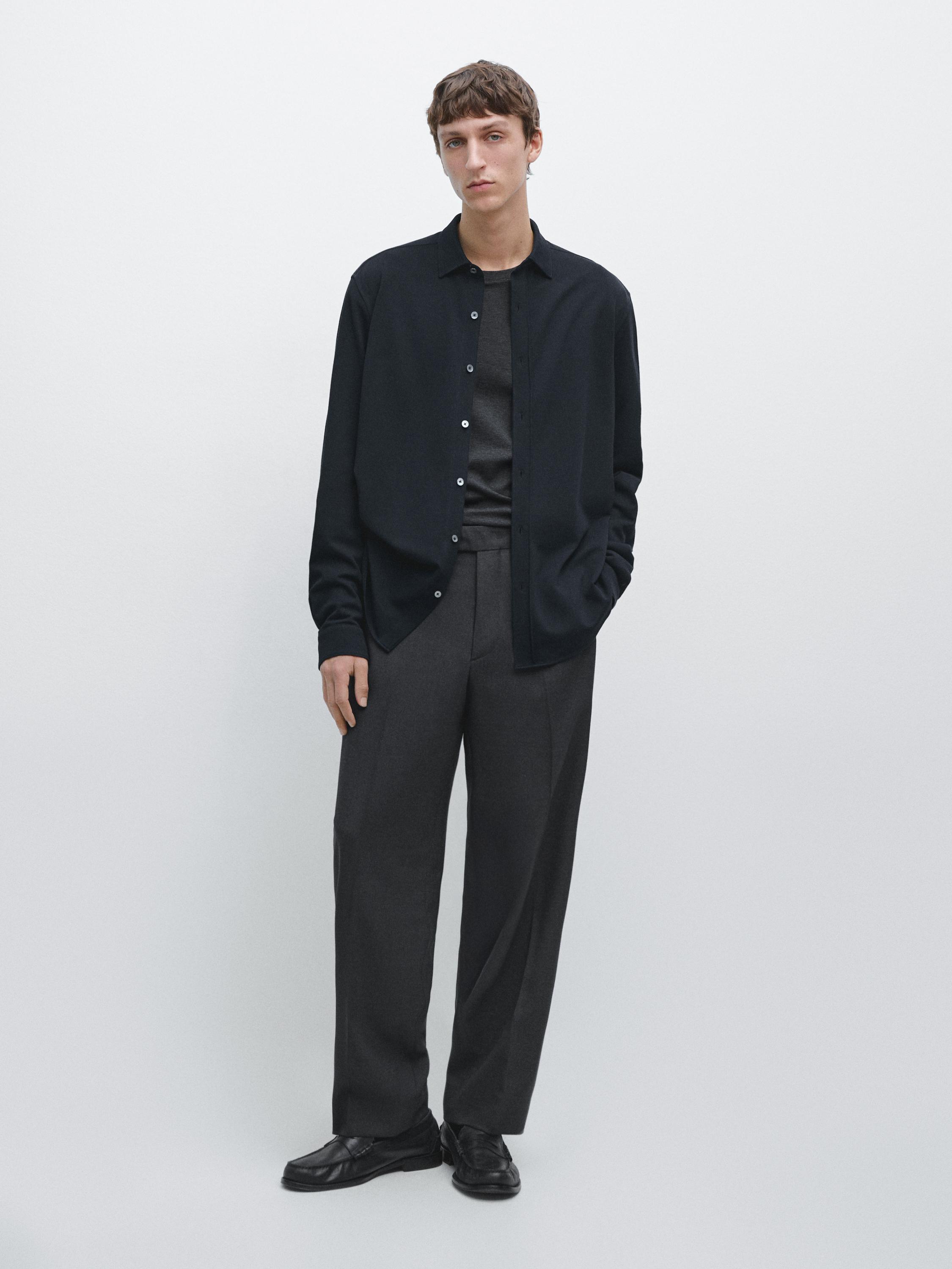 Regular Fit Melange Shirt - Navy Blue - S - Massimo Dutti - Men Regular Fit Melange Shirt - Navy Blue - S - Massimo Dutti - Men