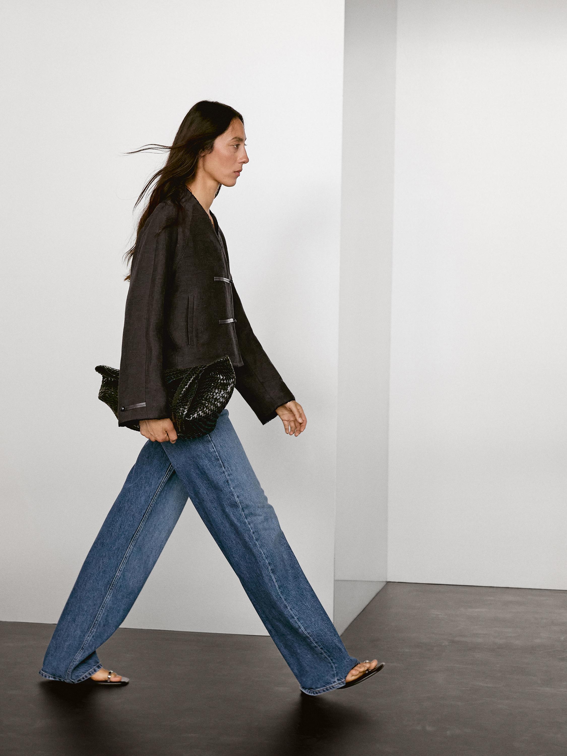 Linen blend jacket with leather fastening detail