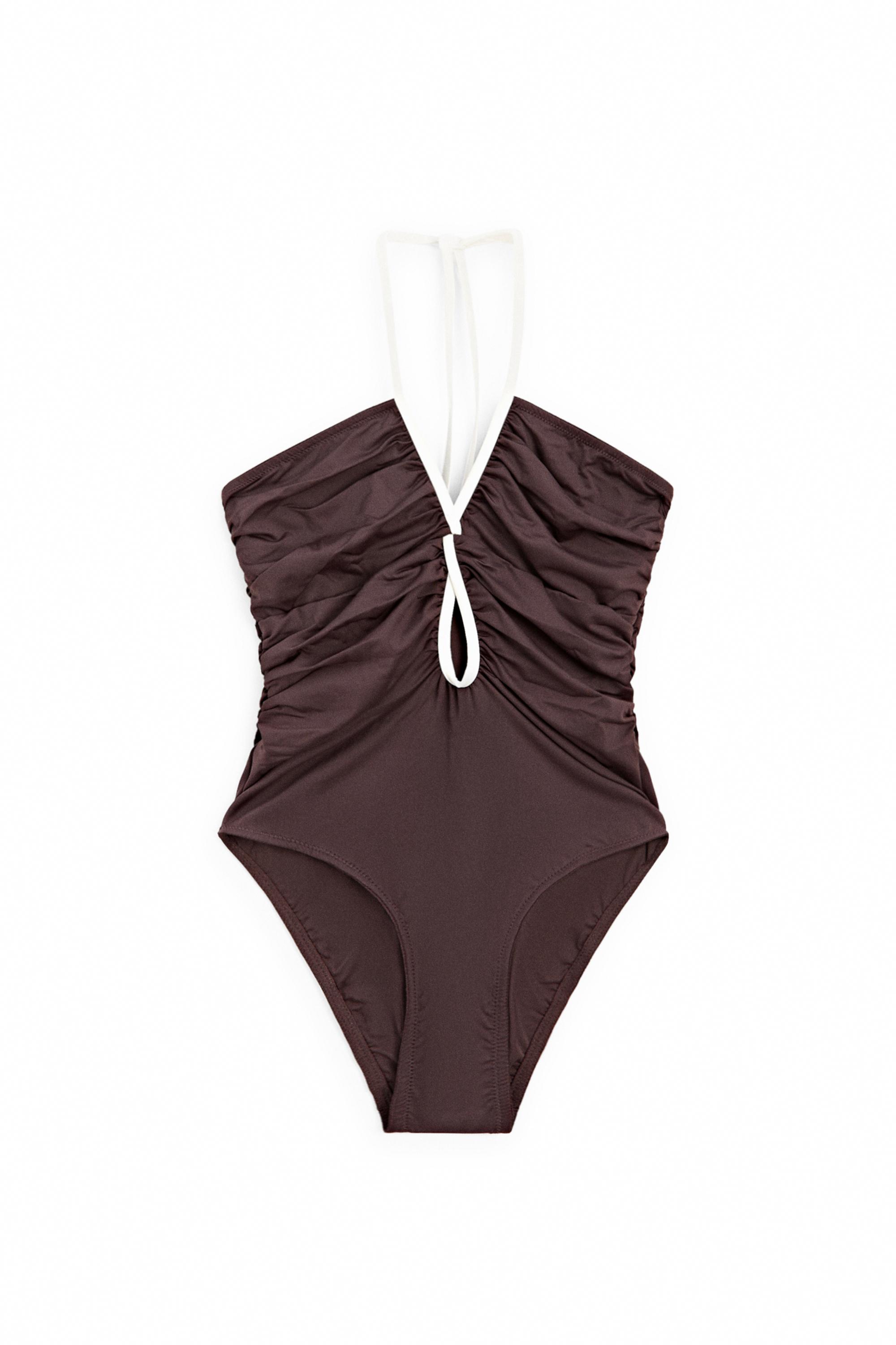 Swimsuit with contrast gathered detail — BROWN