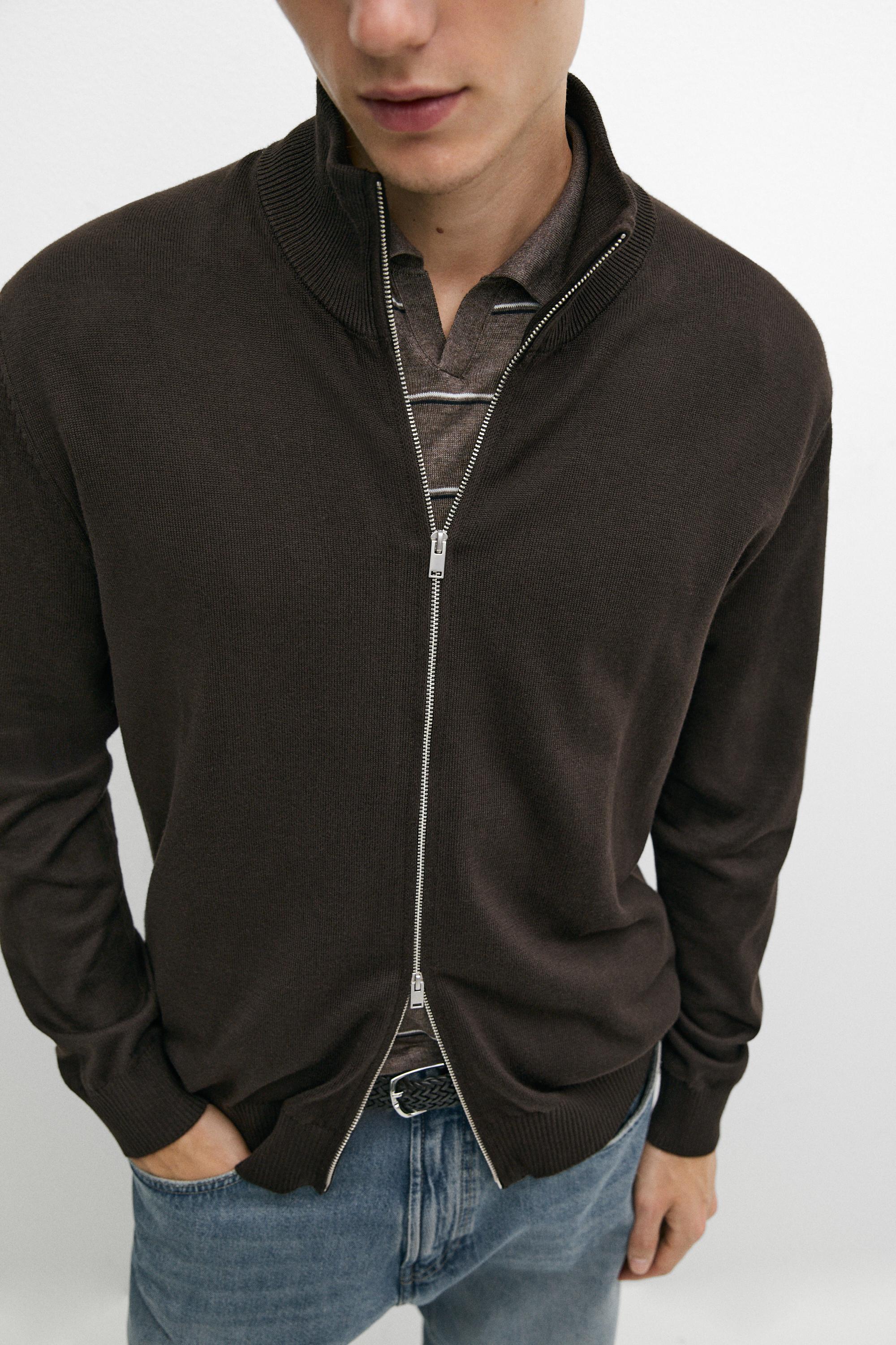 100% cotton knit cardigan — BROWN MARL