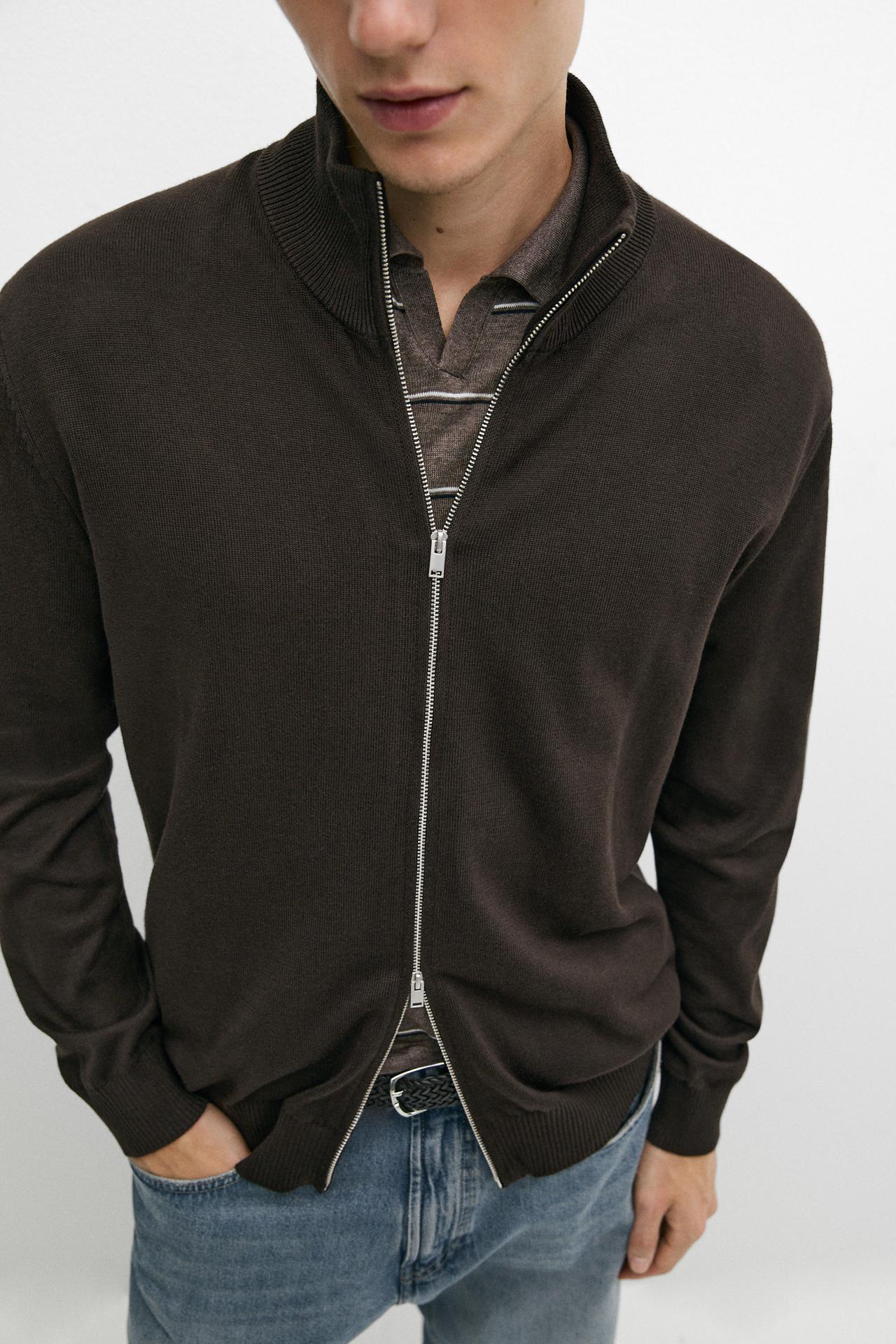 100% cotton knit cardigan — BROWN MARL