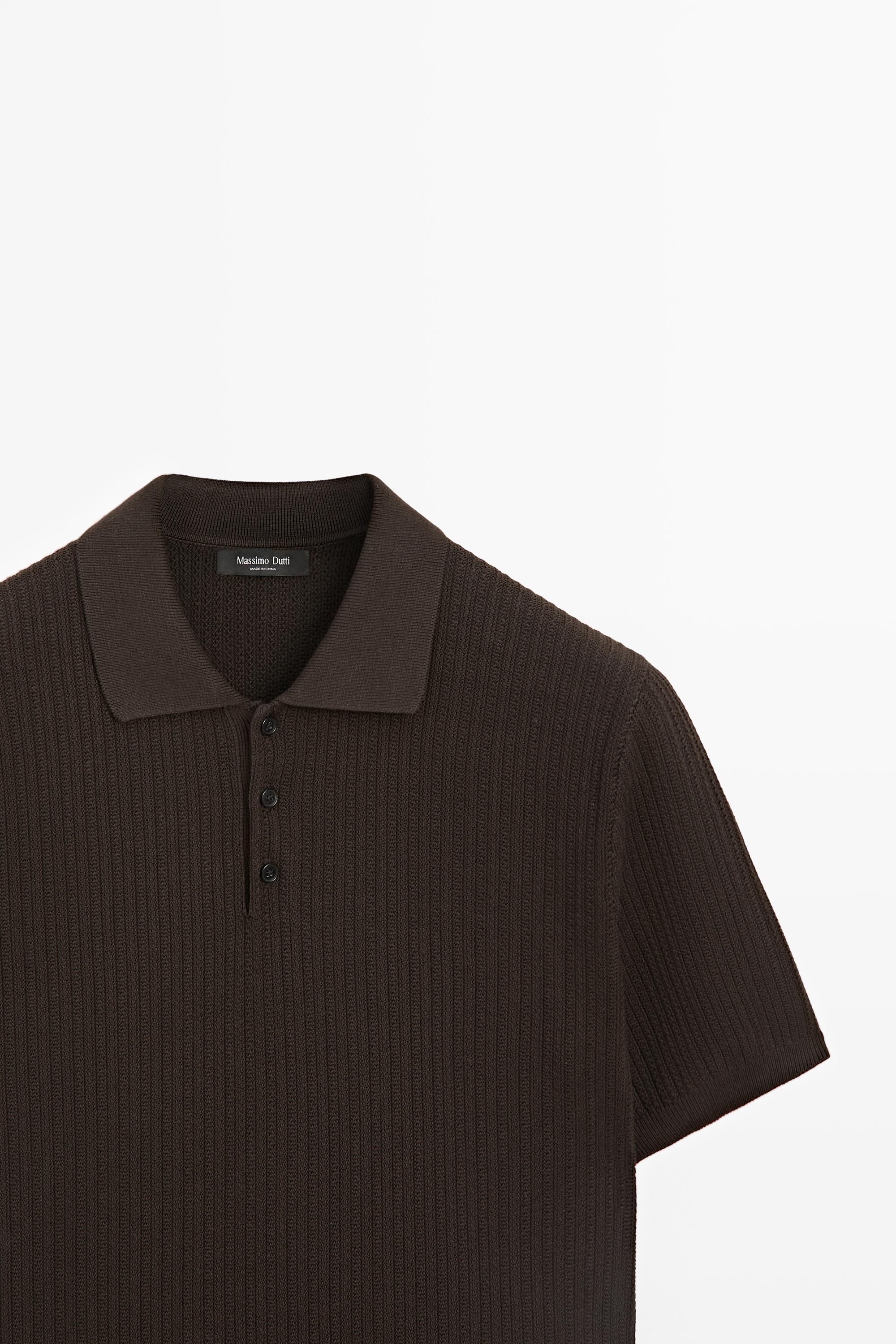 100% cotton textured knit polo sweater — BROWN MARL