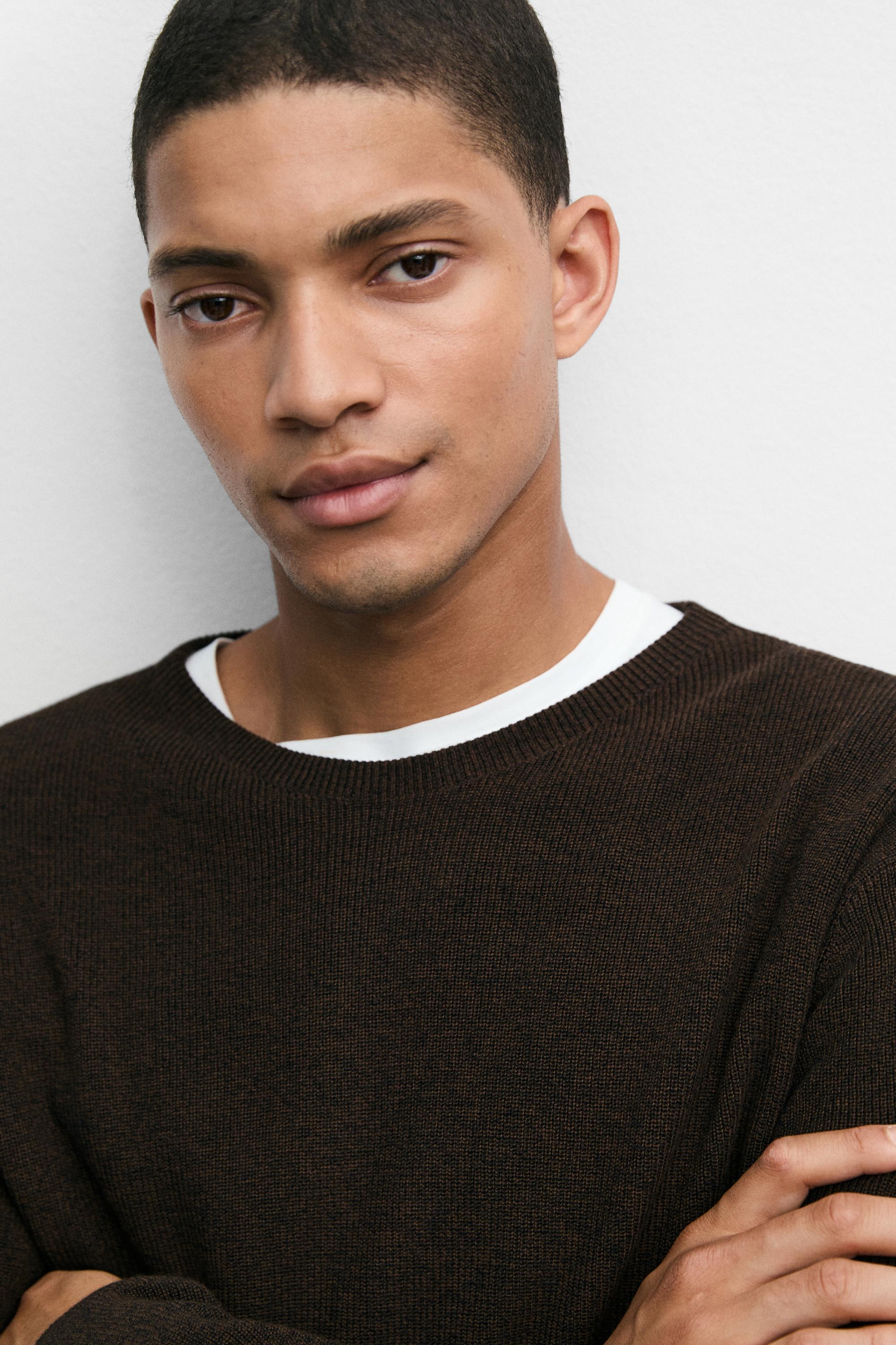 100% cotton mouliné round neck sweater — BROWN