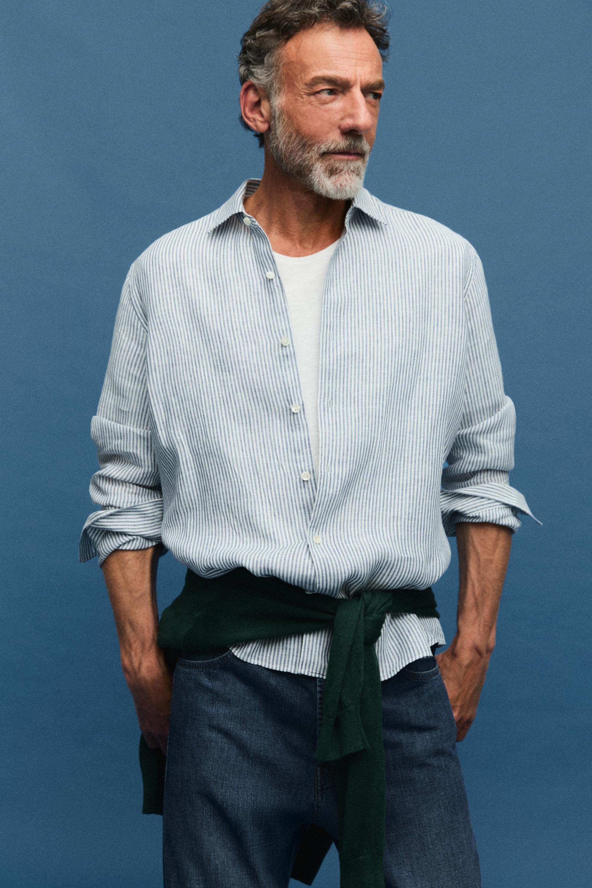 Striped slim fit linen shirt — BLUE