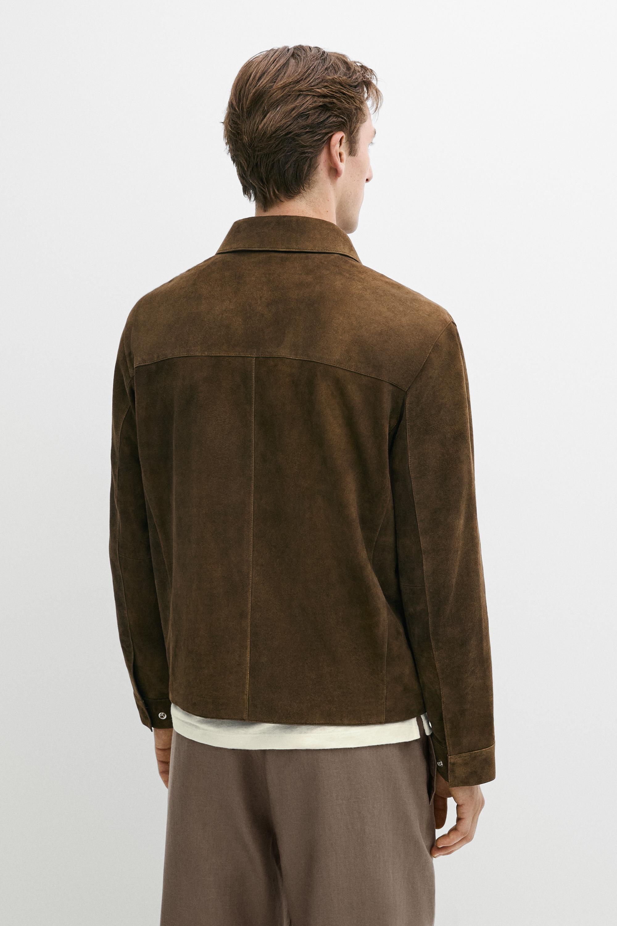 Suede leather zip-up jacket — BROWN MARL