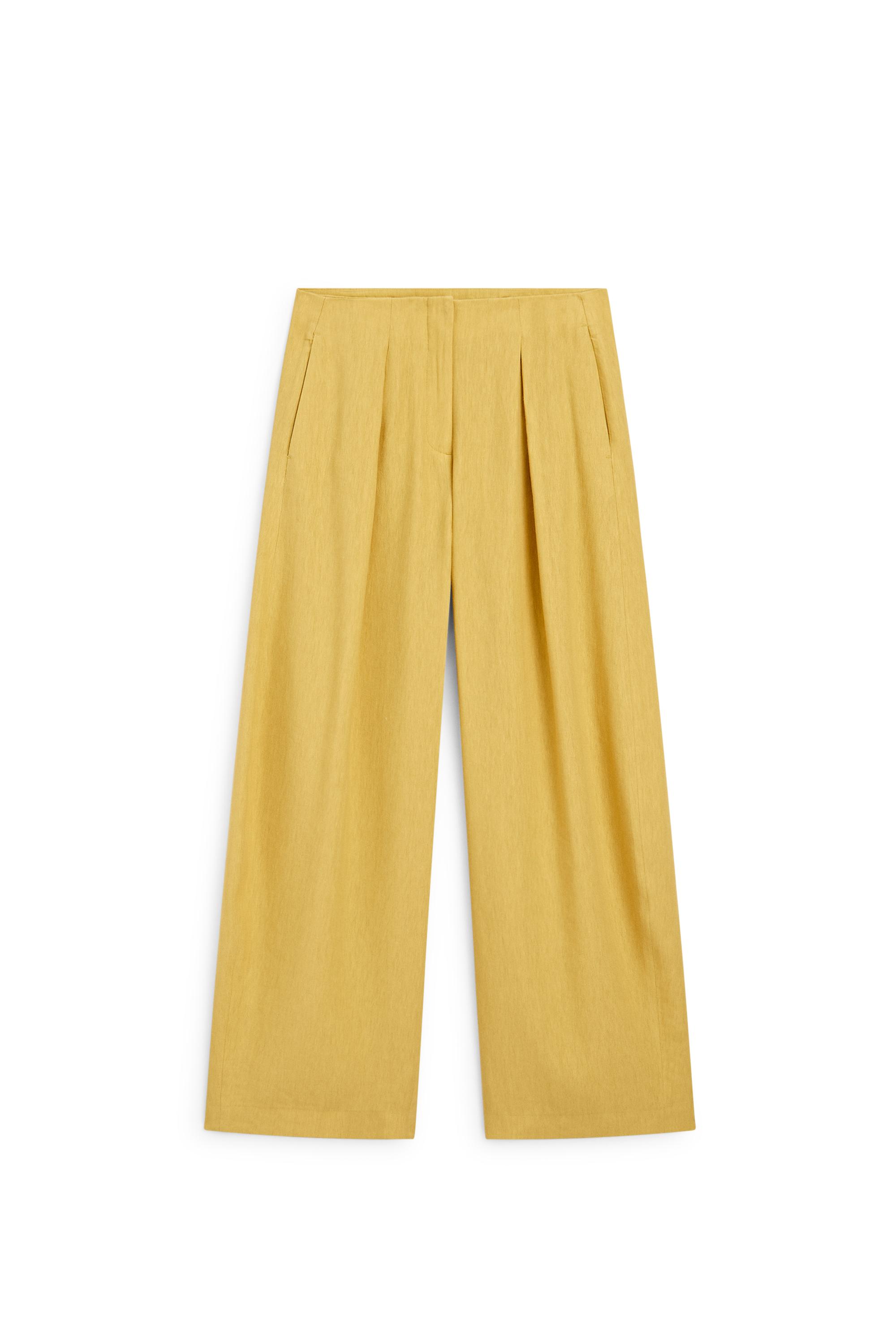 Wide-leg flowing linen blend pleated pants — MUSTARD YELLOW