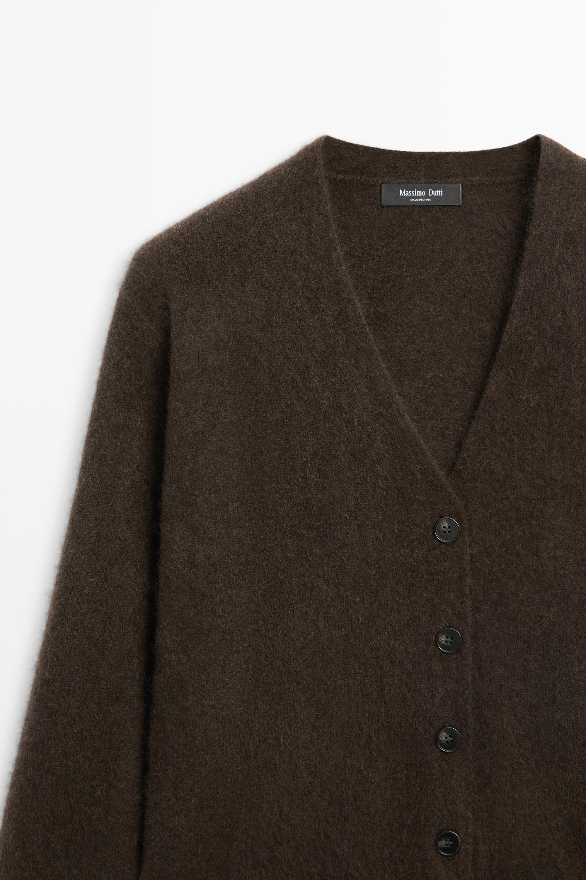 Brushed wool-blend V-neck knit cardigan — BROWN