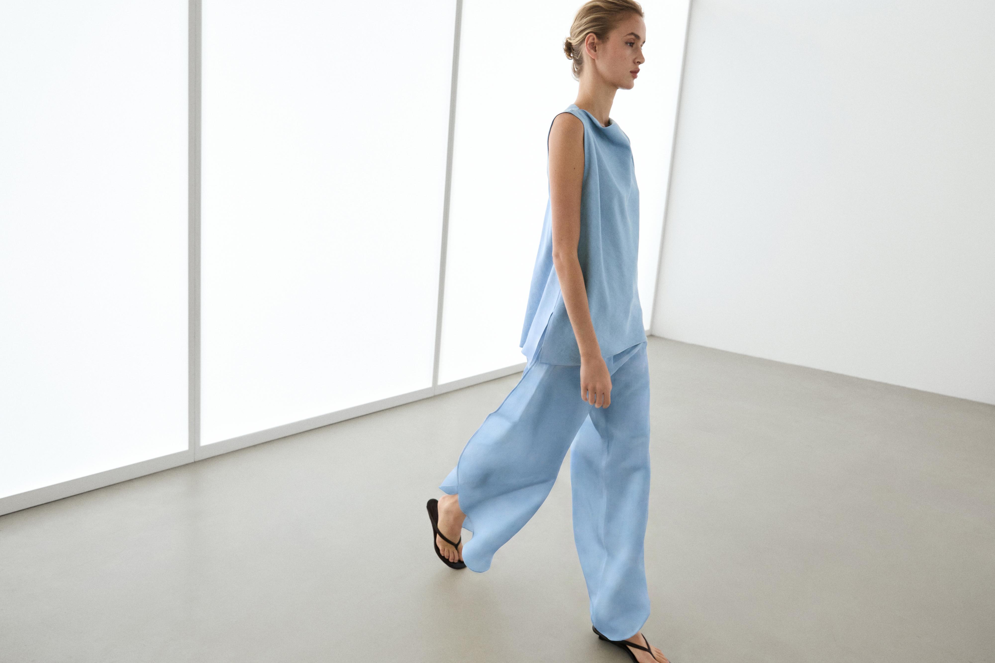 Voluminous flowing linen blend pants — SKY BLUE