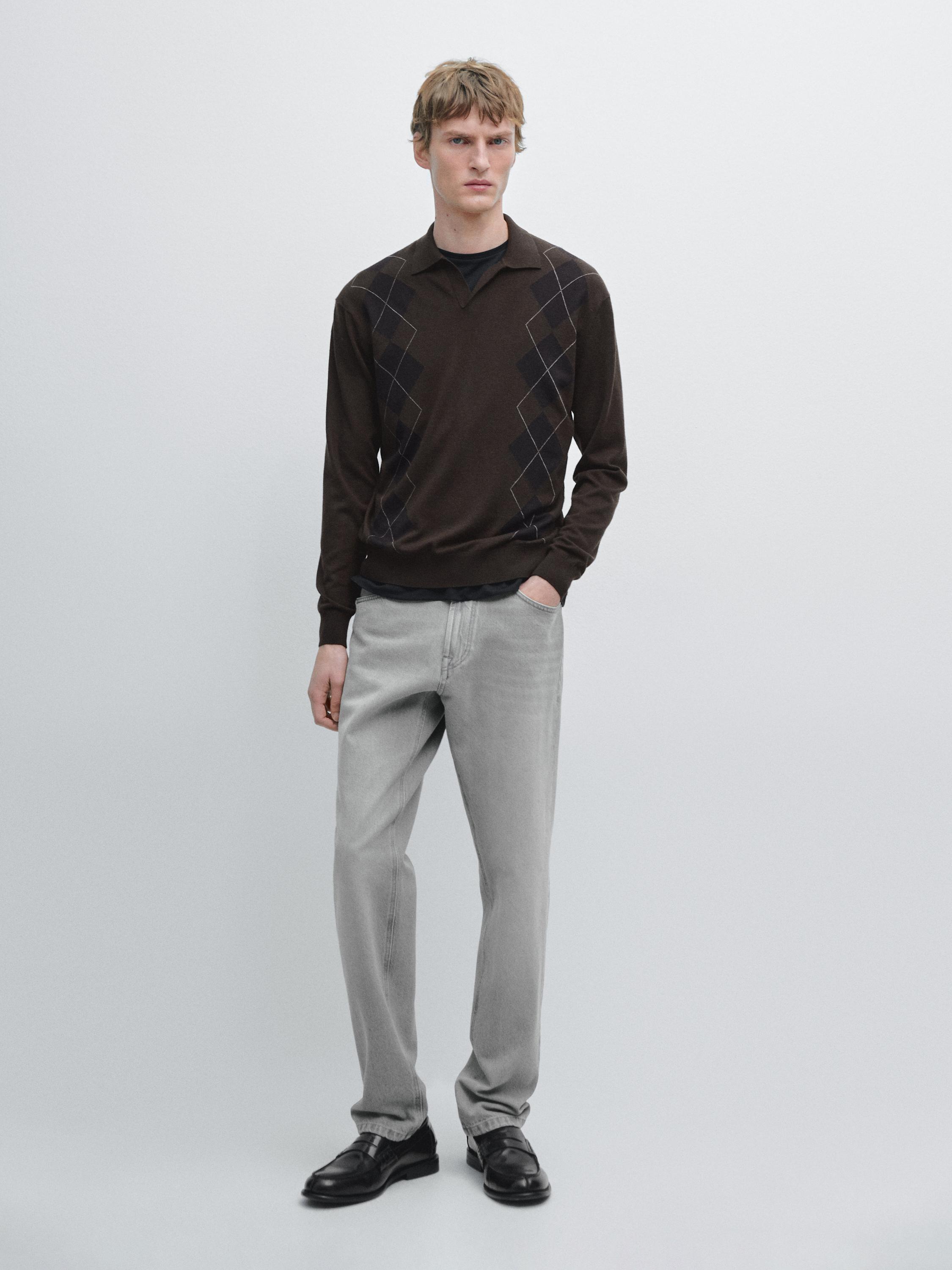 Wool blend argyle knit polo sweater — BROWN