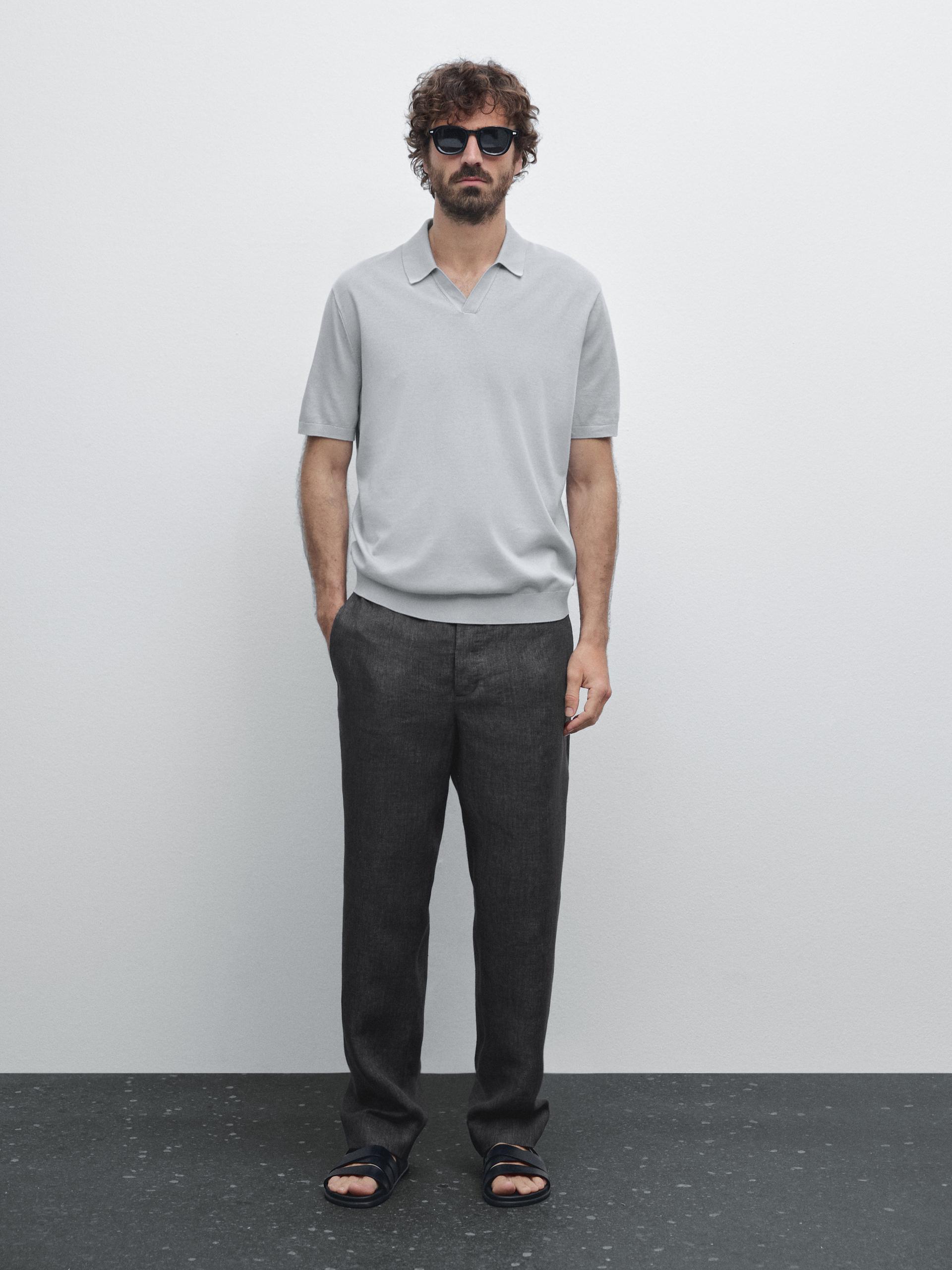 Polo En Maille De Coton À Manches Courtes - Bleu Gris - M - Massimo Dutti - Homme