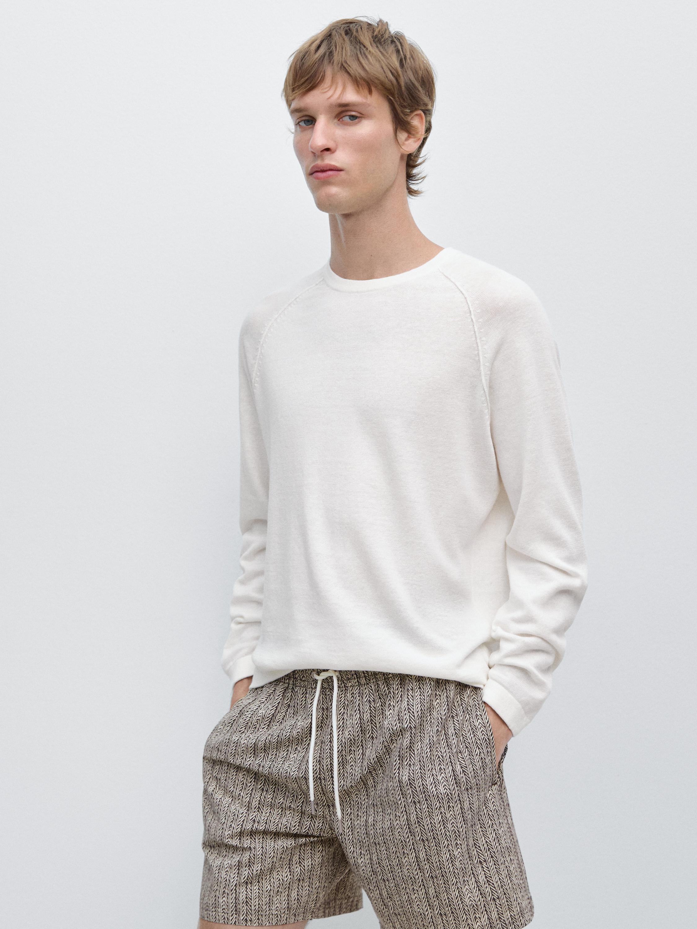 Linen blend knit crew neck sweater — CREAM