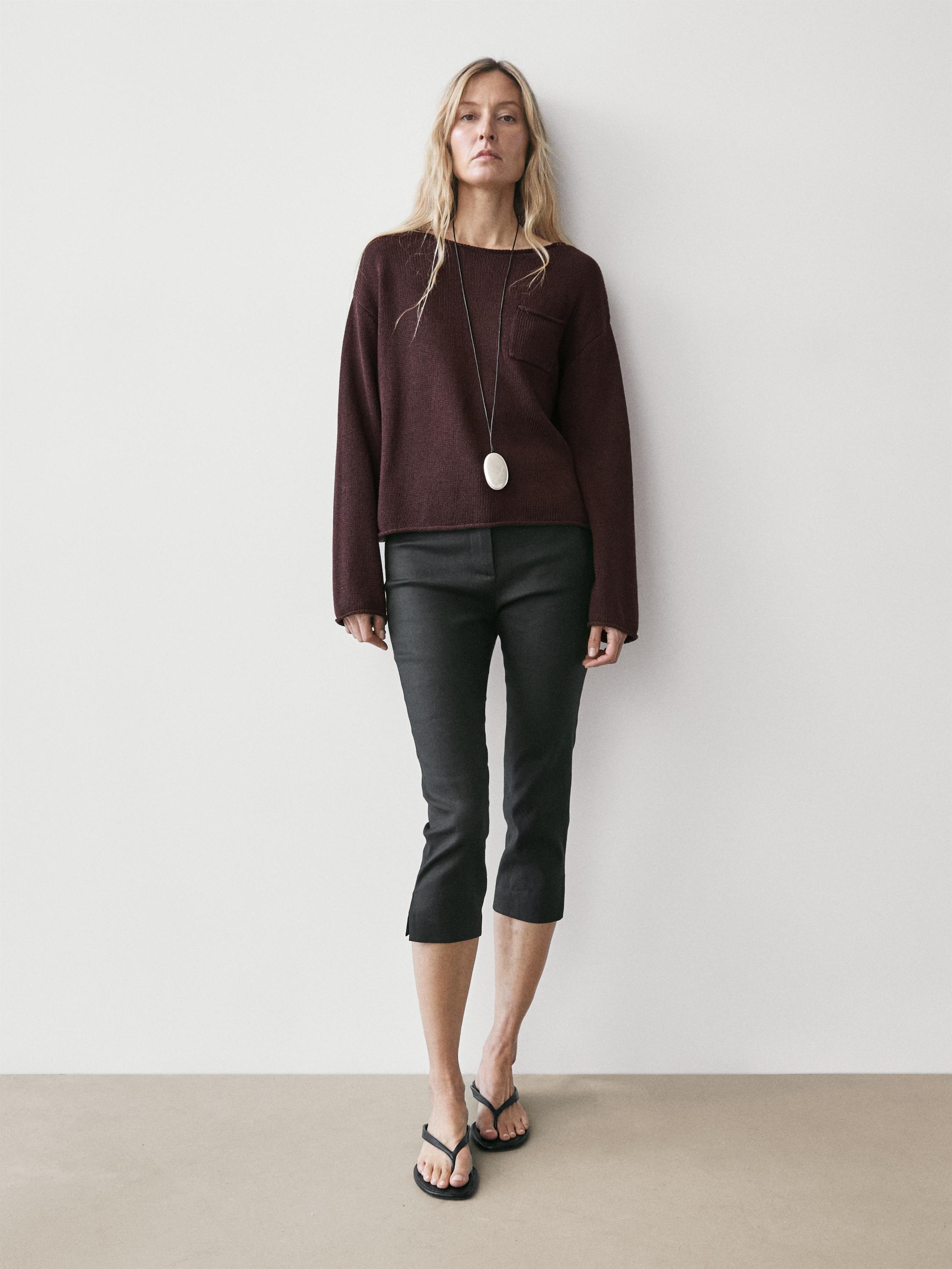 Cotton and linen knit sweater with pocket detail — BROWN