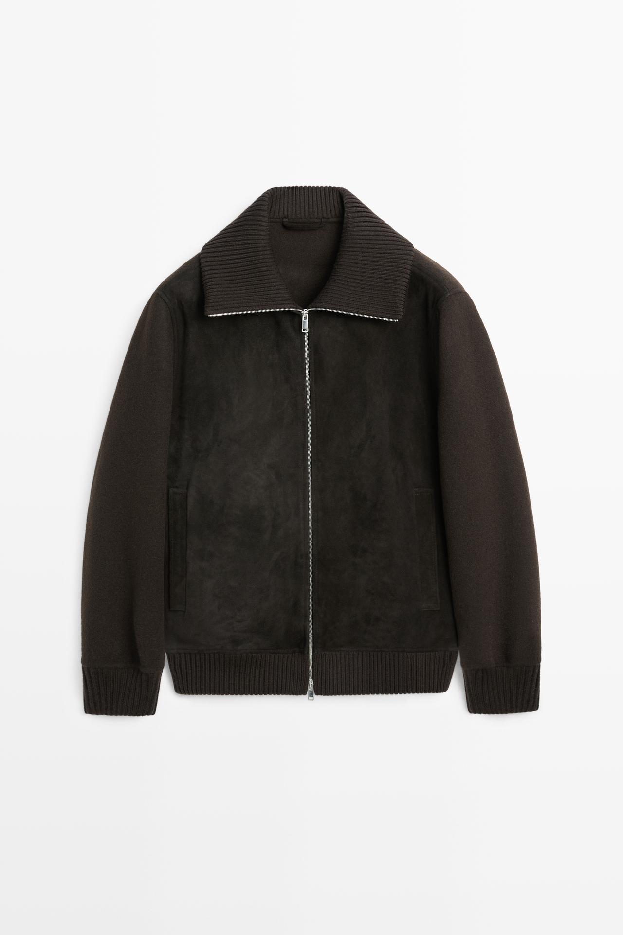 Mixed-fabric suede leather cardigan — BROWN