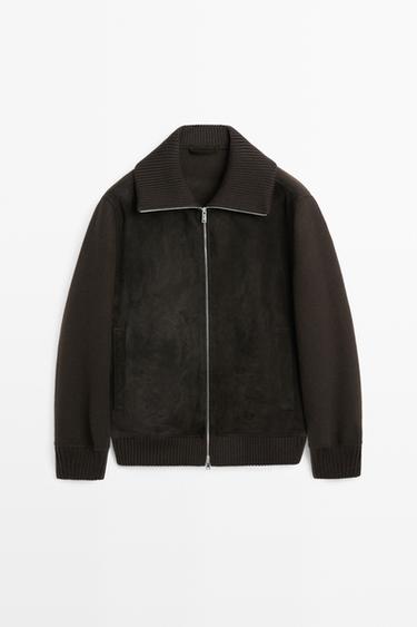 Mixed-fabric suede leather cardigan — BROWN 2