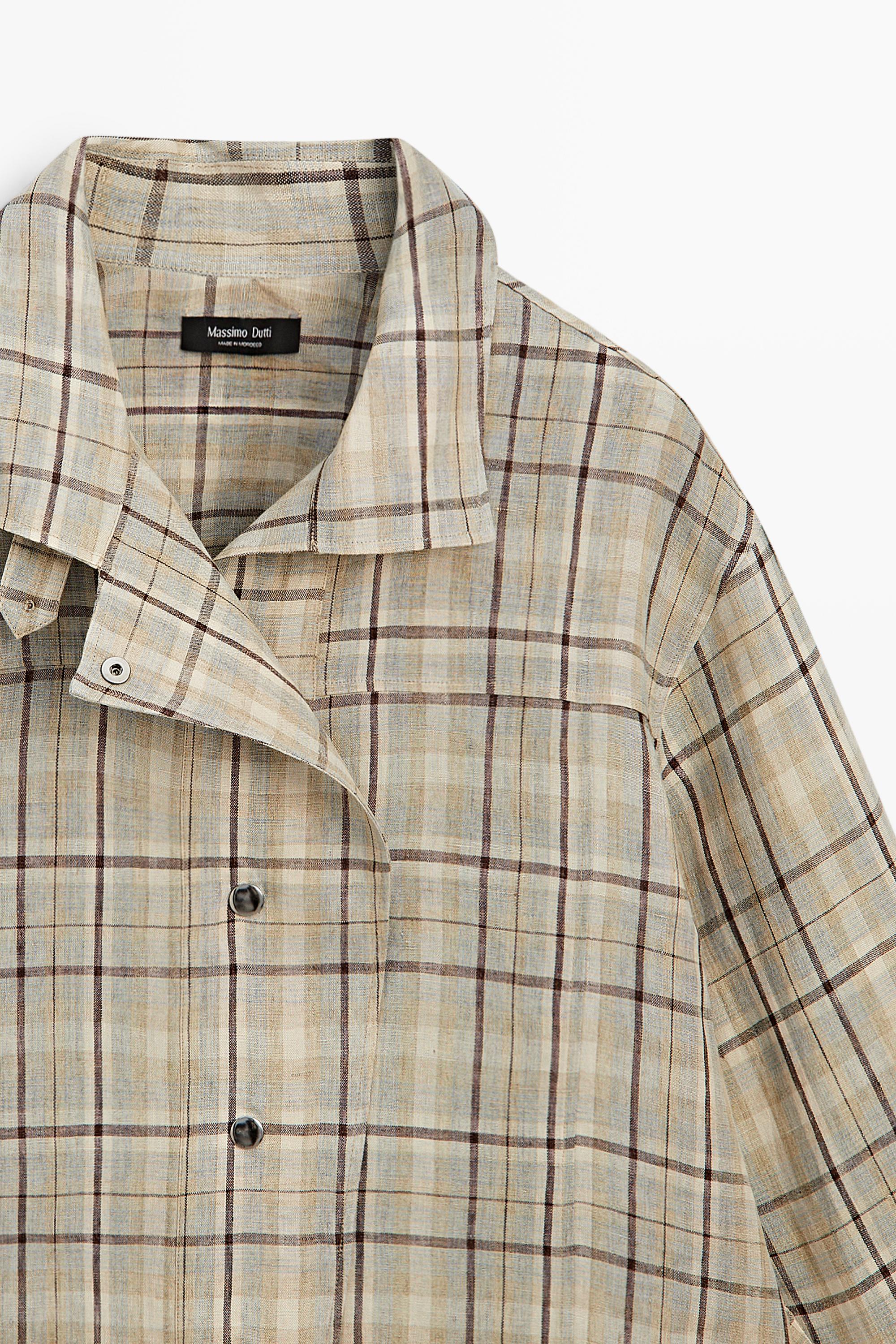100% linen check snap button shirt — Light blue