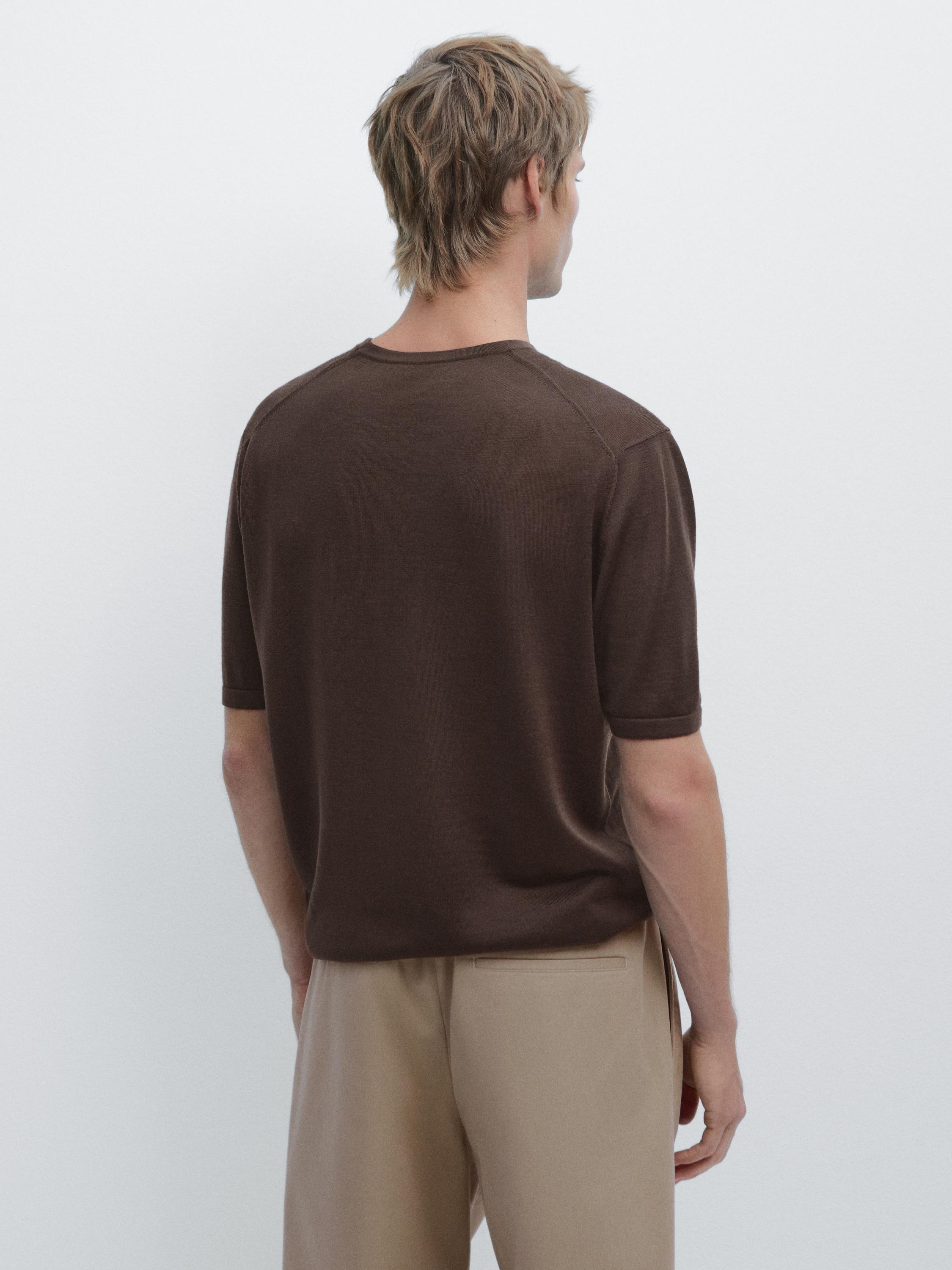 Wool-blend short-sleeve knit sweater — MOLE BROWN