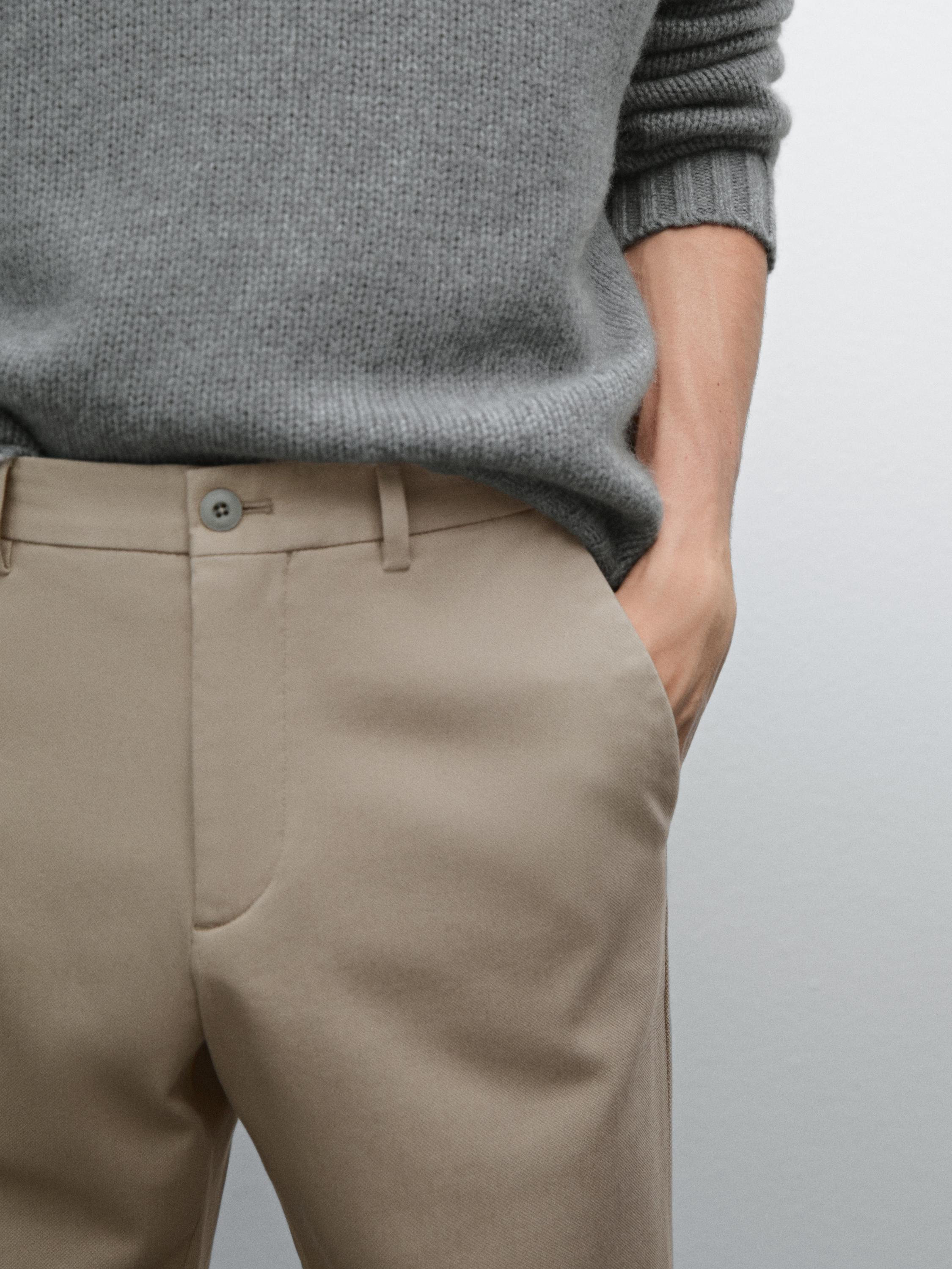 Cotton blend textured slim fit trousers