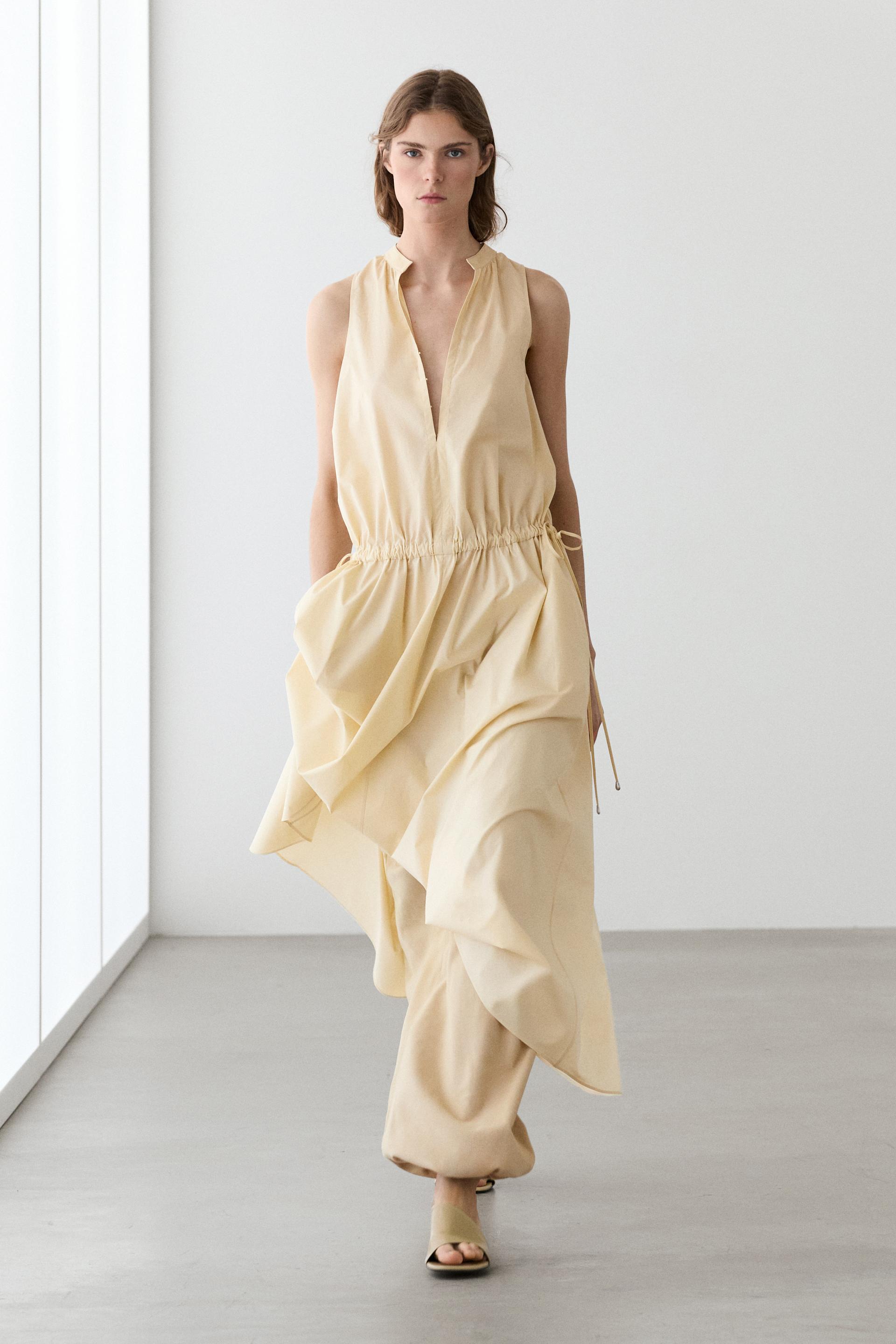 Robe Midi 100 % Coton Taille Élastiquée - Jaune Clair - L - Massimo Dutti - Femme
