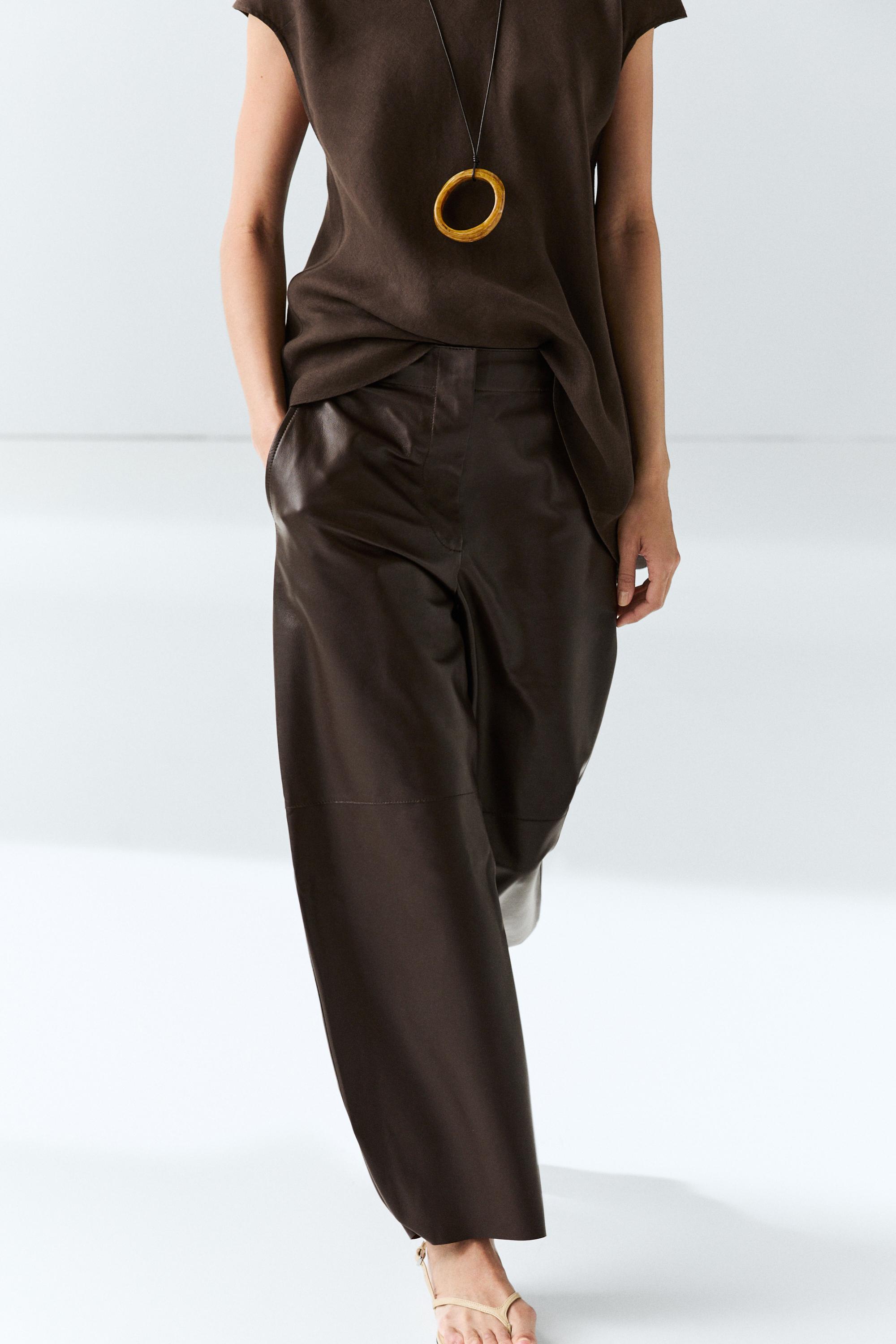 Leather barrel fit pants — BROWN