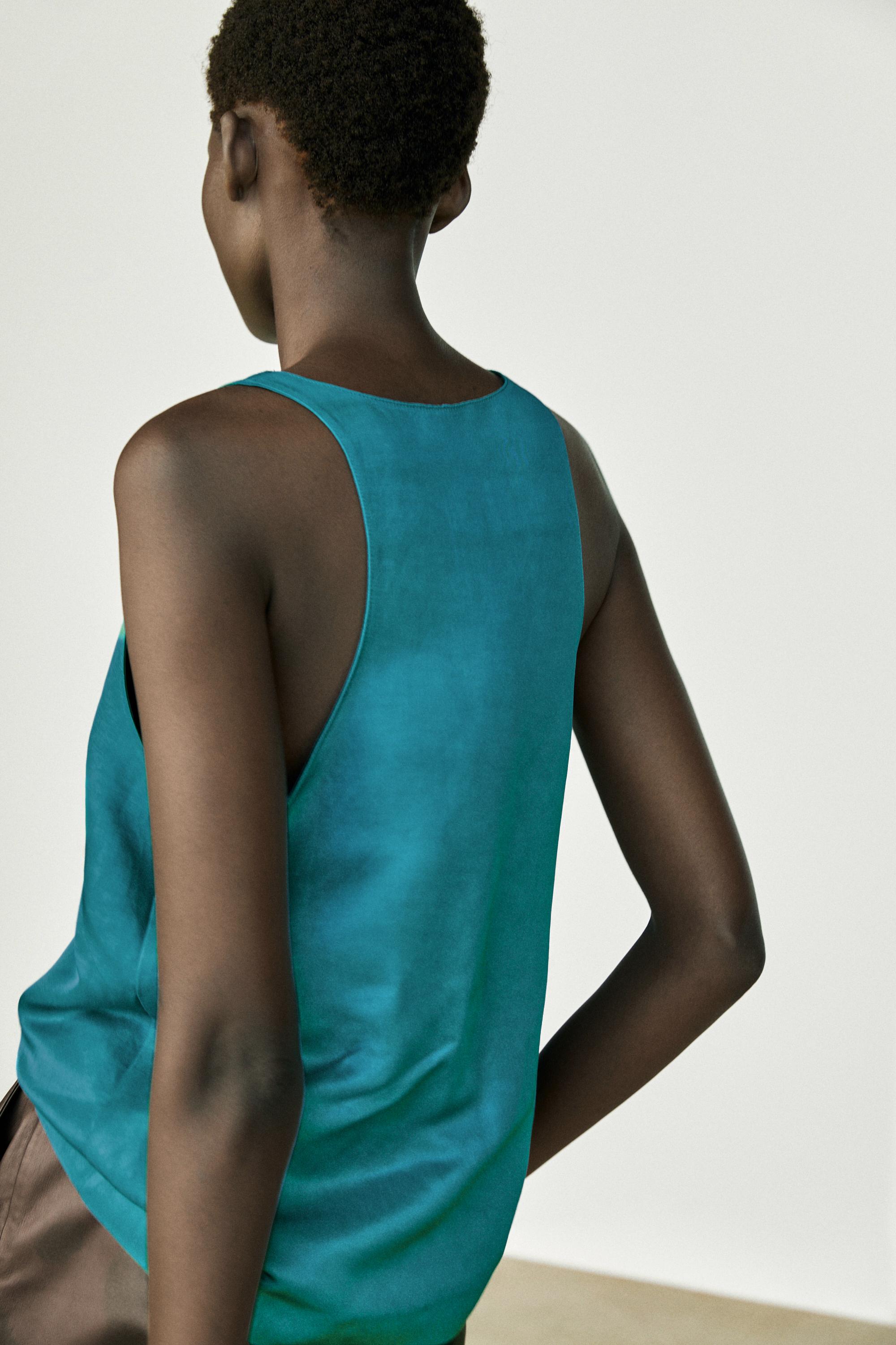 Satin linen blend V-neck top — TURQUOISE