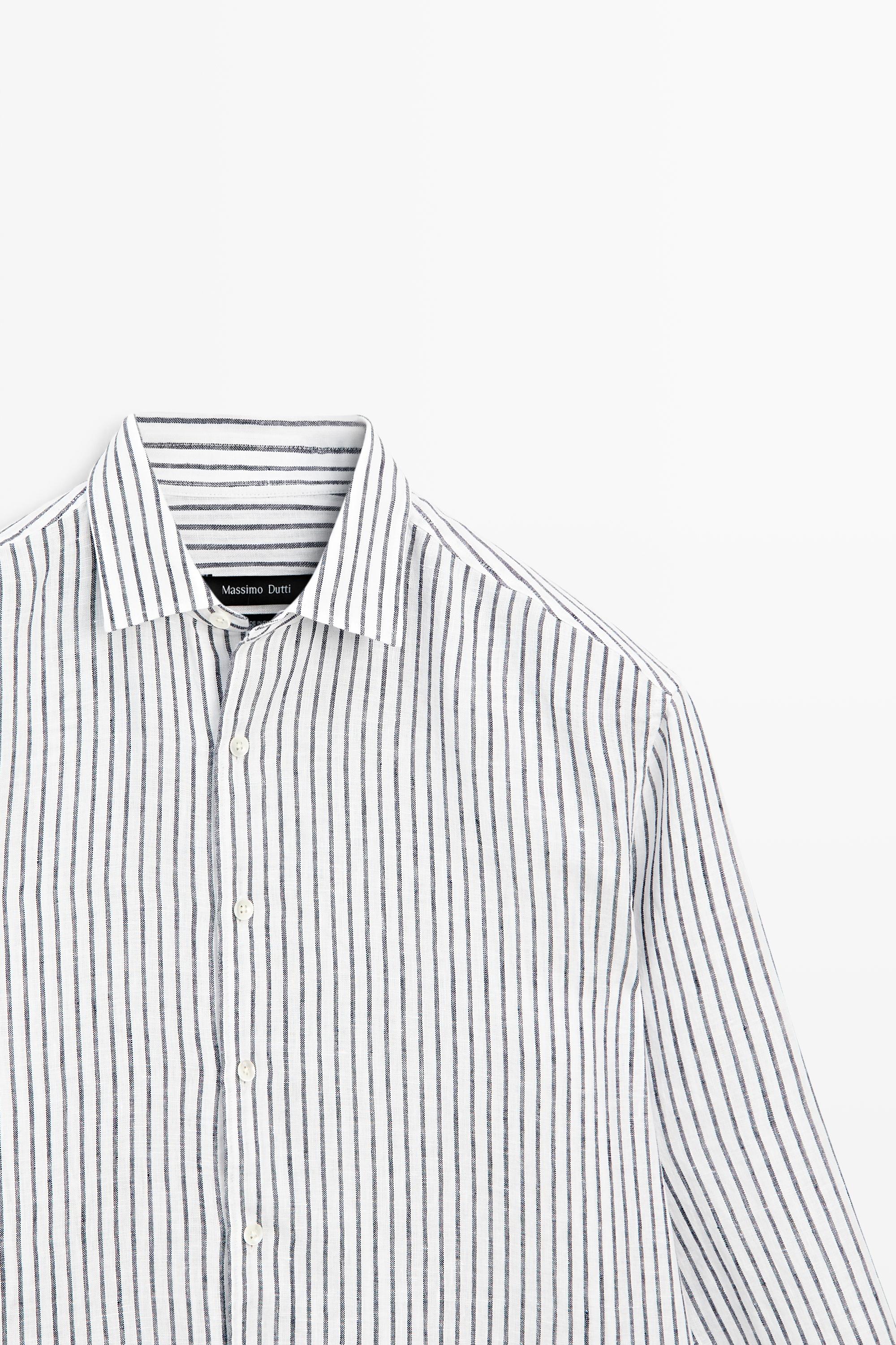 Regular fit 100% linen striped shirt — NAVY BLUE