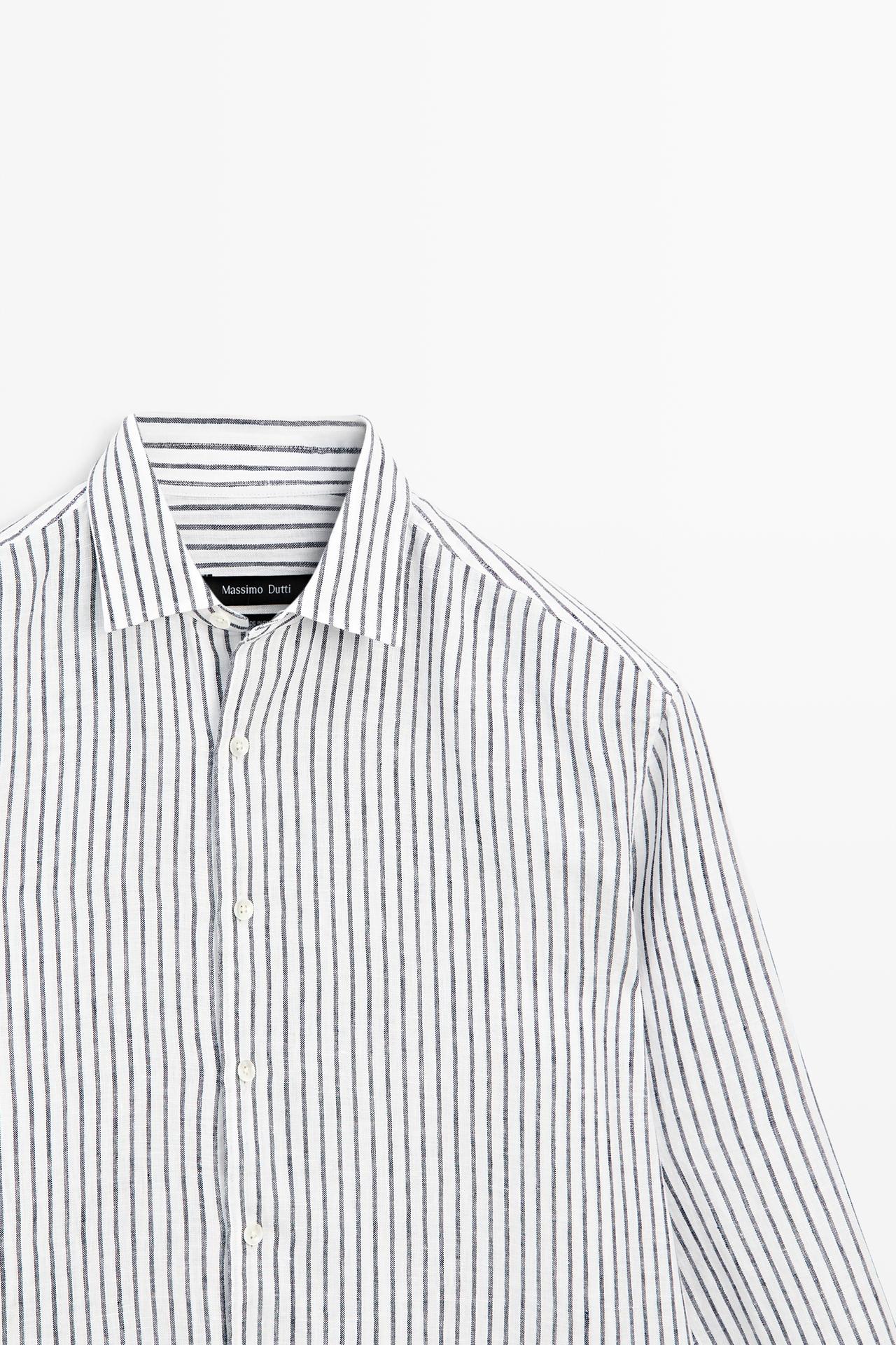 Regular fit 100% linen striped shirt — NAVY BLUE